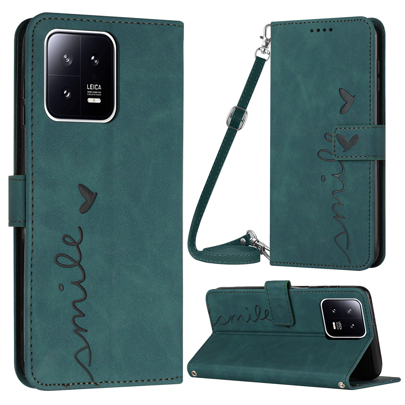 

Für Xiaomi 13 5G Stand PU Leder Brieftasche Flip Cover Geprägtes Herz Form Hauttouch Feeling Schockdelie Telefon Mit Schultergurt - Grün, Xiaomi 13
