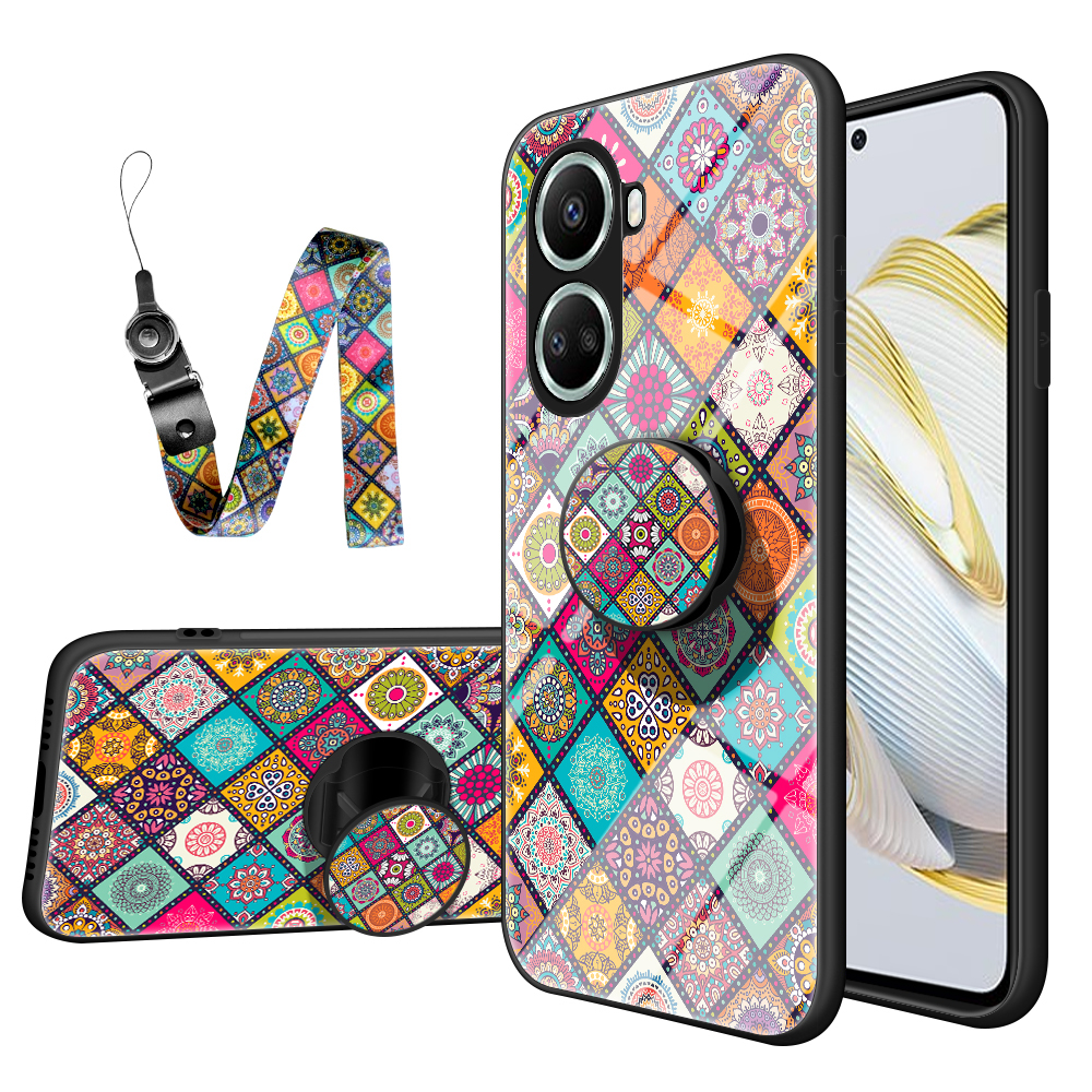 

Für Huawei Nova 10 SE 4G Temperierte Glas Anti-gelbes Blumenmuster Phone Hülle PC + TPU Schockdicht Mit Lanyard - Kariertes Muster, Huawei nova 10 SE 4G