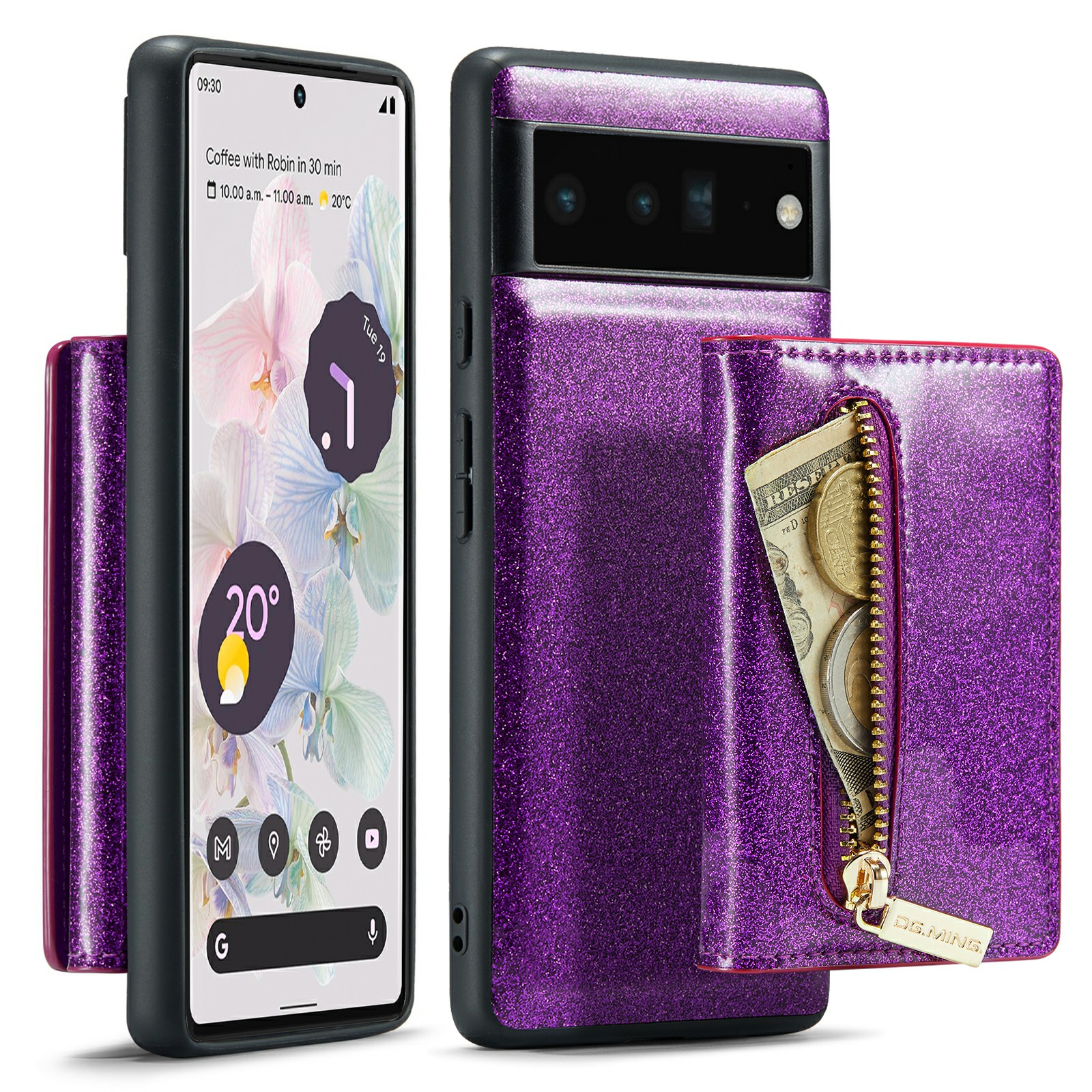 

Dg. Ming M3 -serie Für Google Pixel 6 Pro 5G Glitter Bling PU Leder Abnehmbarer Cover PC+TPU Kickstand Reißverschluss Pocket Wallet Telefonhülle - Dunkelviolett, Google Pixel 6 Pro 5G