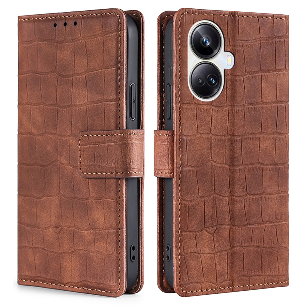 

Für Realme 10 Pro+ 5G Hauttouch Feel Crocodile Texture Phone Hülle PU Leder Brieftasche Volle Schutzabdeckung - Braun, Realme 10 Pro+ 5G