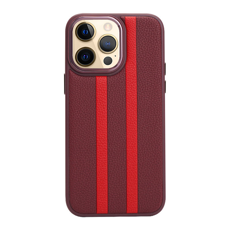 

For iPhone 13 Pro Max 6.7 inch Four Corners Airbag Stripes Pattern PU Leather Coated TPU Case Back Cover with Metal Button - Dark Purple, iPhone 13 Pro Max