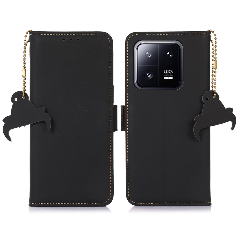 

Für Xiaomi 13 5G RFID Blockierende Telefonhülle Echtes Leder Freisprecher Stand Brieftasche Magnetic Flip Cover - Schwarz, Xiaomi 13