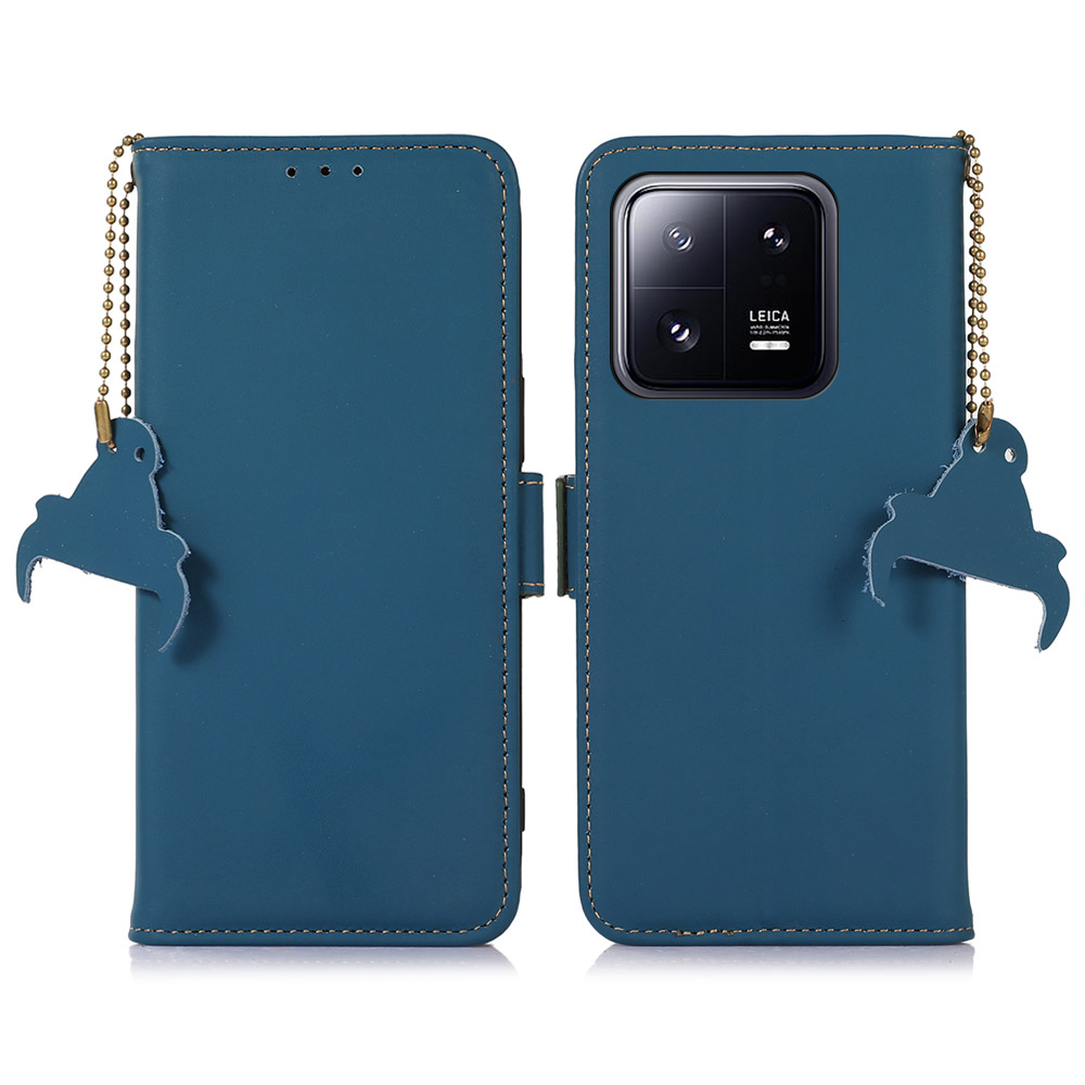 

Für Xiaomi 13 5G RFID Blockierende Telefonhülle Echtes Leder Freisprecher Stand Brieftasche Magnetic Flip Cover - Blau, Xiaomi 13