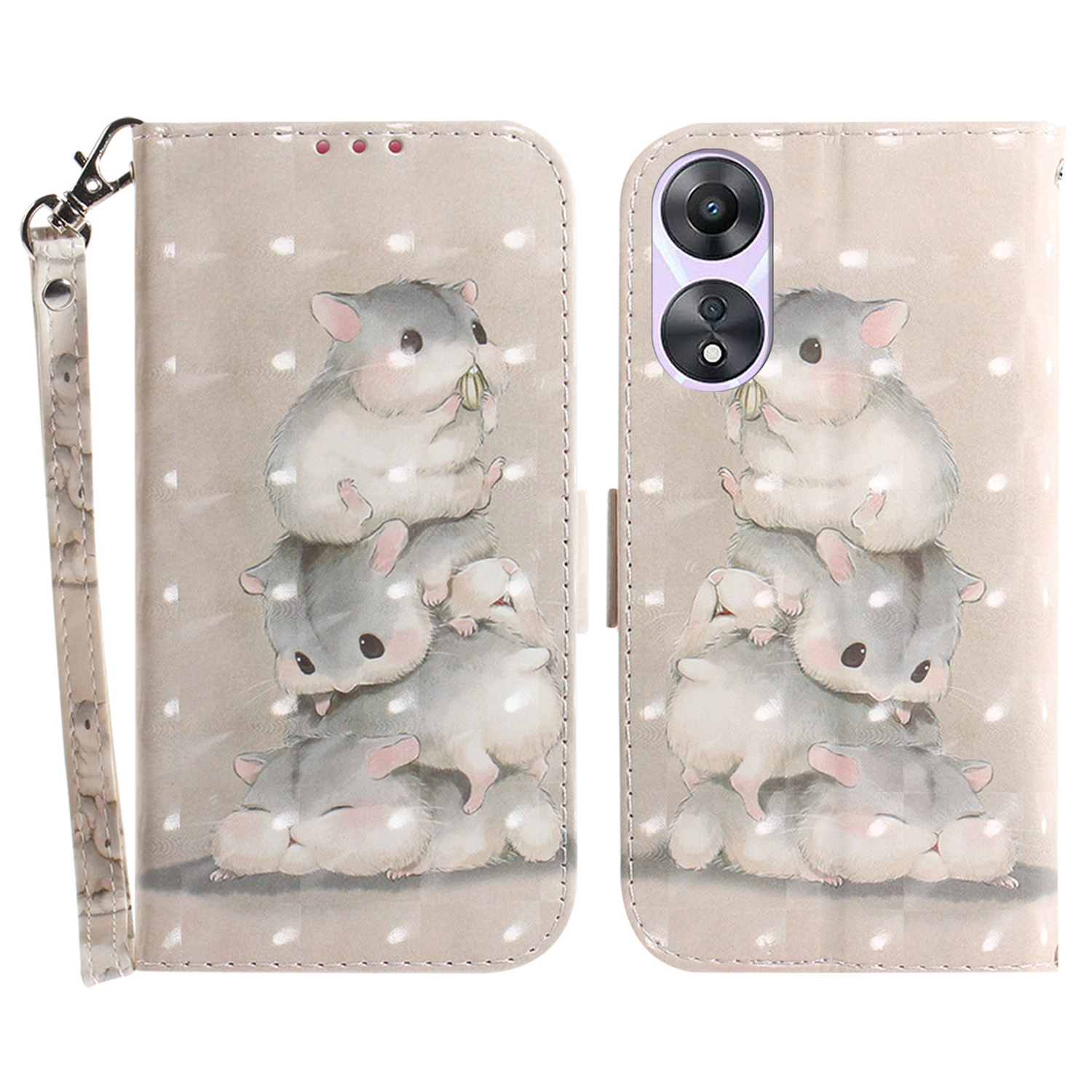 

Für Oppo A58 5G PU Leder 3D Muster Druckphase Abdeckung Voller Schutzstandardhülle Mit Riemen - Stapeln Von Eichhörnchen, Oppo A58 5G