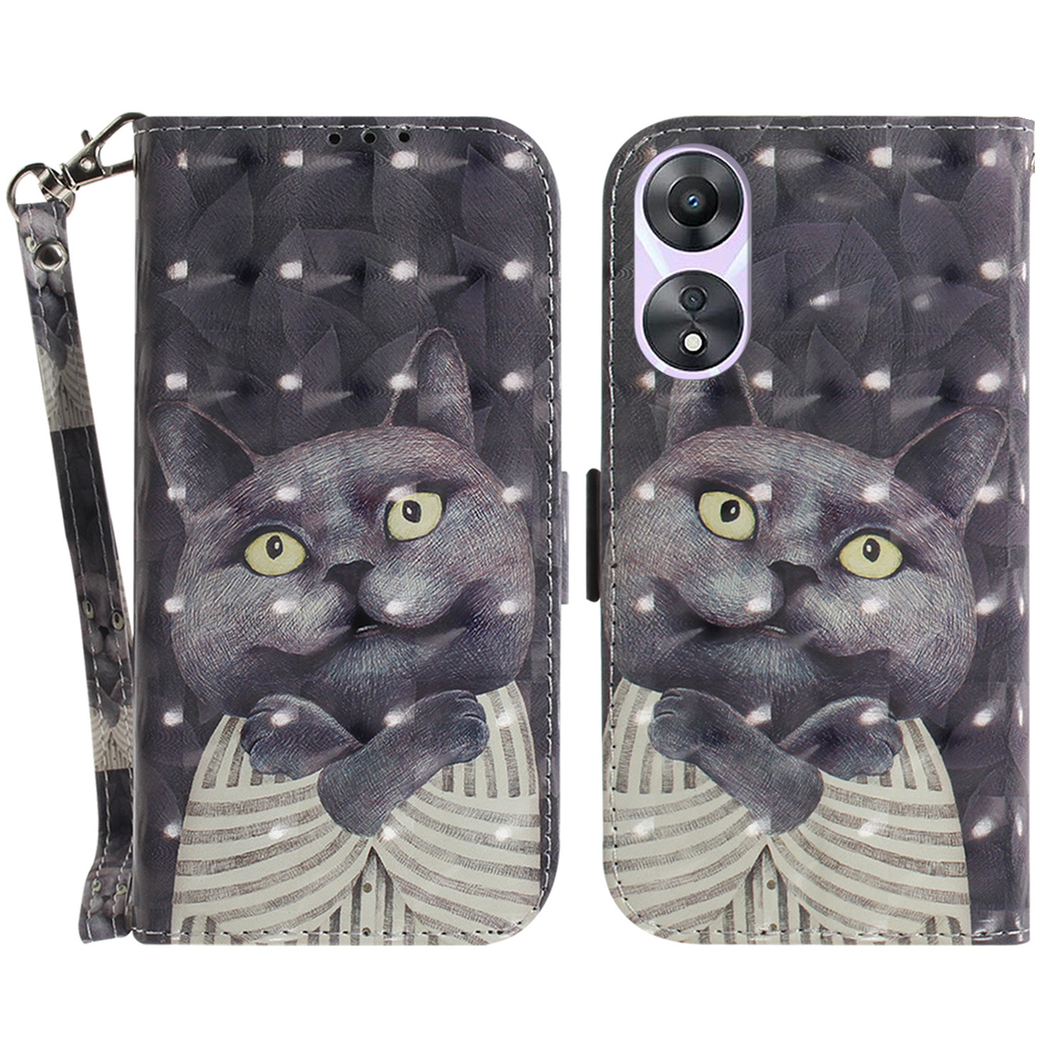 

Für Oppo A58 5G PU Leder 3D Muster Druckphase Abdeckung Voller Schutzstandardhülle Mit Riemen - Katze Umarmen, Oppo A58 5G