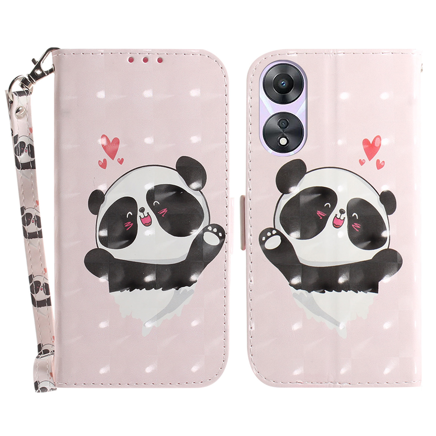 

Für Oppo A58 5G PU Leder 3D Muster Druckphase Abdeckung Voller Schutzstandardhülle Mit Riemen - Liebe Herz Panda, Oppo A58 5G