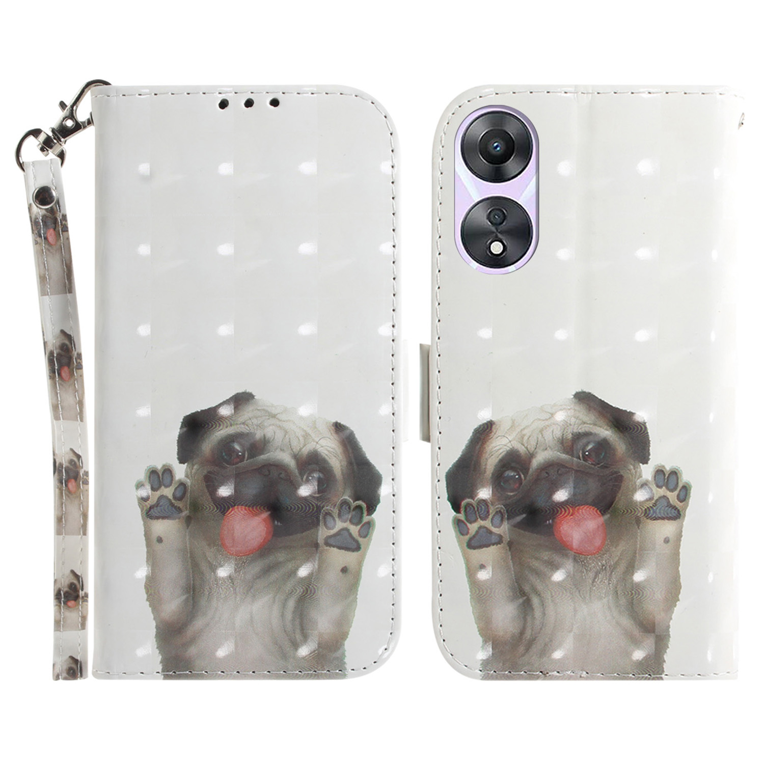 

Für Oppo A58 5G PU Leder 3D Muster Druckphase Abdeckung Voller Schutzstandardhülle Mit Riemen - Mops, Oppo A58 5G