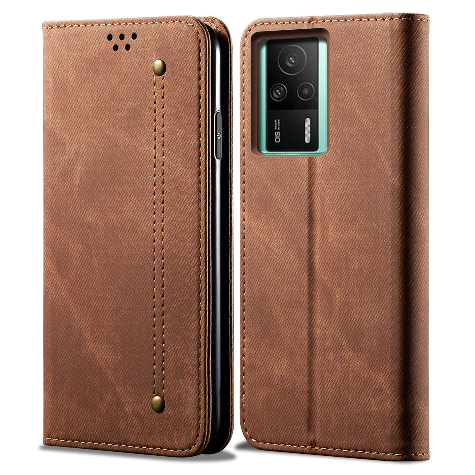 

Für Xiaomi Redmi K60E 5G Mobiltelefonabdeckung Faltbarer Stand Jeans Stoff Textur Magnetische Automatisch Absorbierte Telefon Flip Leder Hülle Wallet Wallet - Braun, Xiaomi Redmi K60E 5G