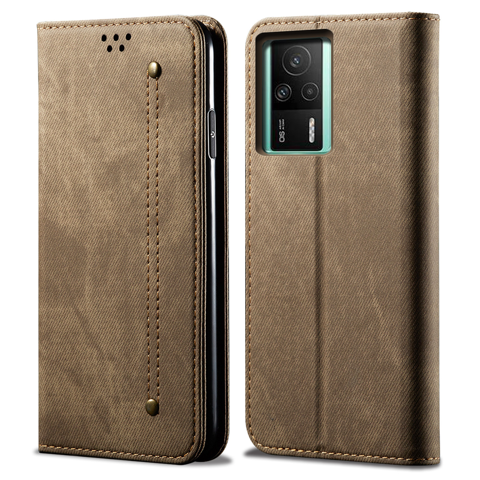 

Für Xiaomi Redmi K60E 5G Mobiltelefonabdeckung Faltbarer Stand Jeans Stoff Textur Magnetische Automatisch Absorbierte Telefon Flip Leder Hülle Wallet Wallet - Khaki, Xiaomi Redmi K60E 5G