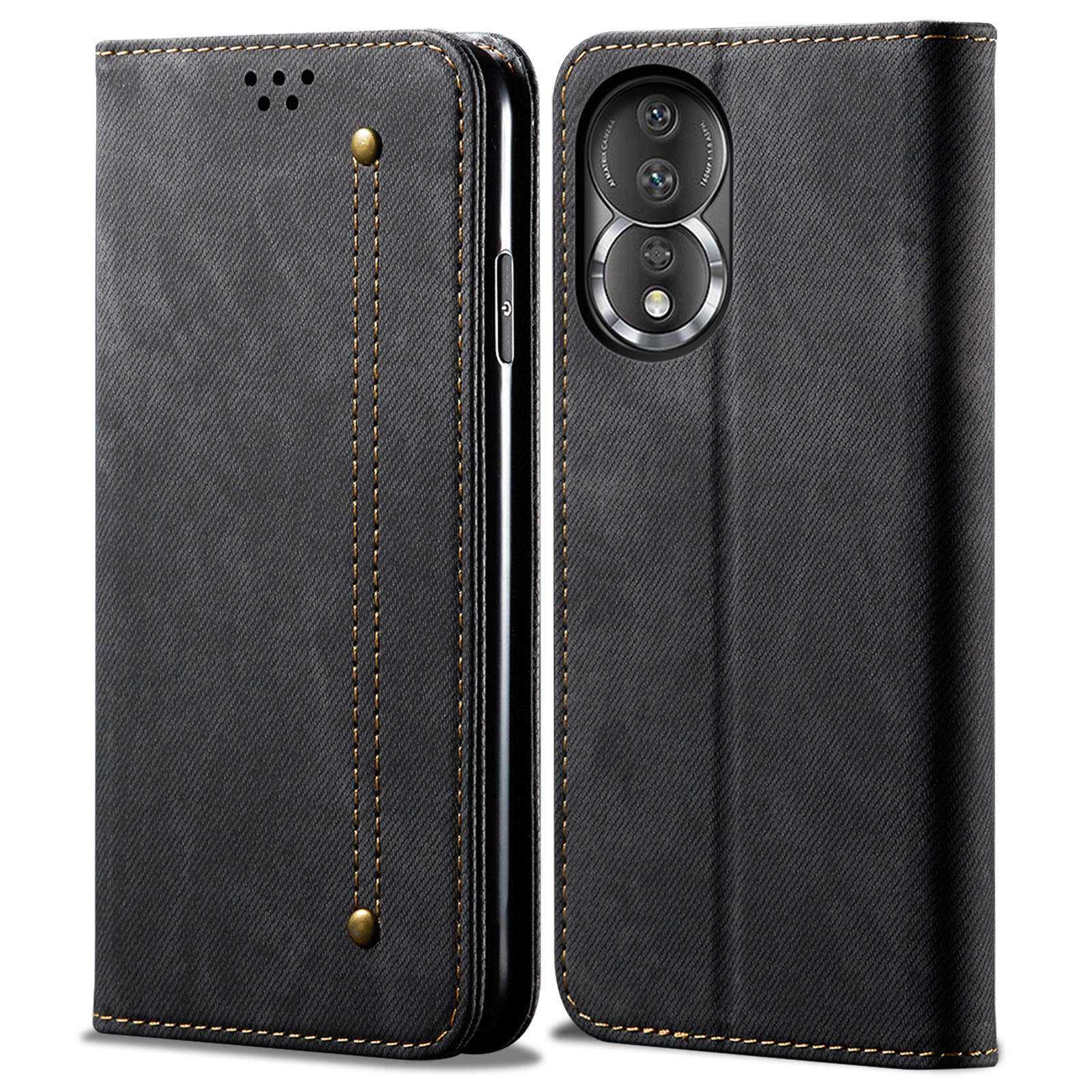 

Für Ehren 80 5G Full Protection Flip Phone Cover Jeans Stoff Textur PU Leder Magnetisch Automatisch Absorbiert - Schwarz, Honor 80 5G