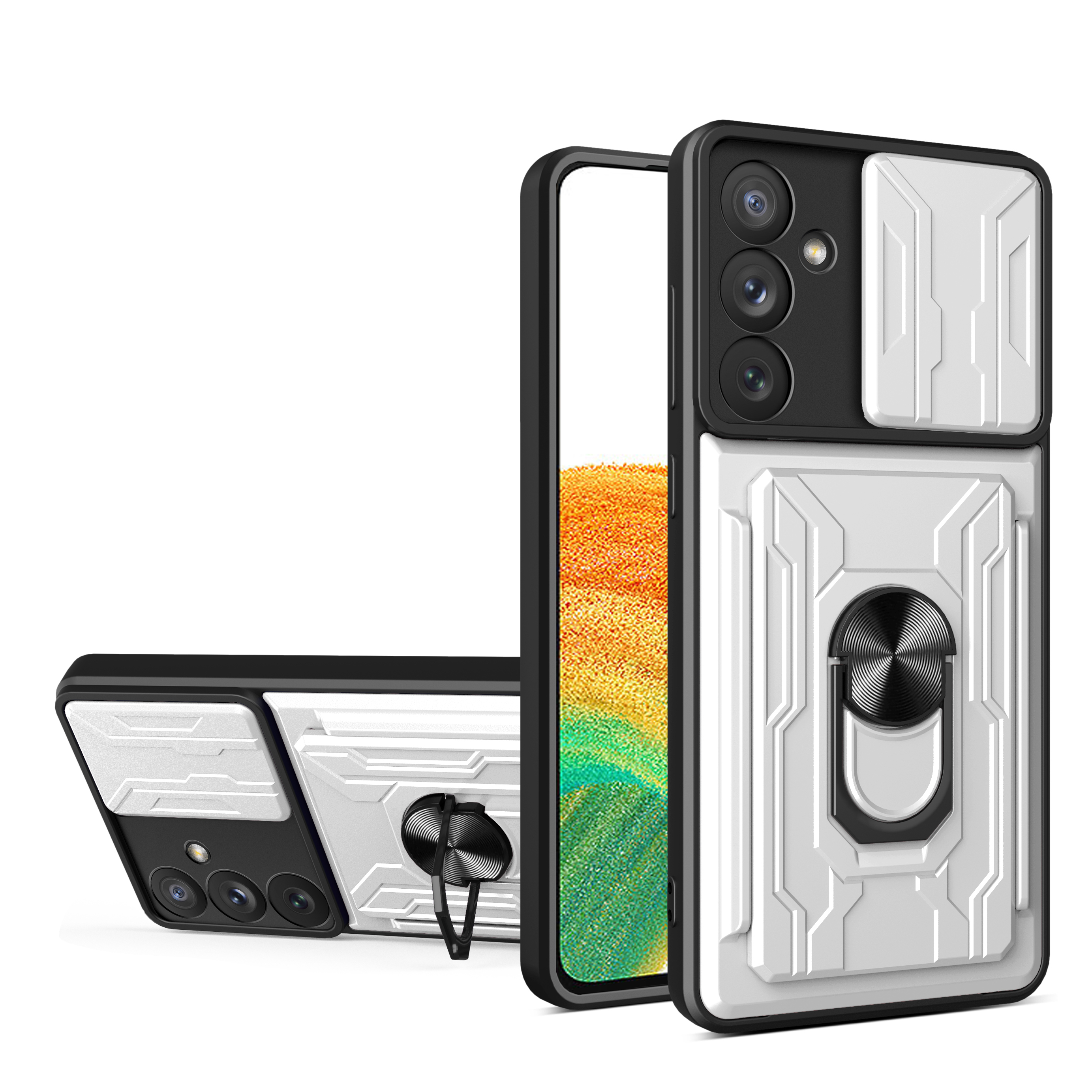

For Samsung Galaxy A34 5G Card Holder Design Ring Kickstand Phone Case Slide Camera Protection PC + TPU Shockproof Cover - White, Galaxy A34 5G