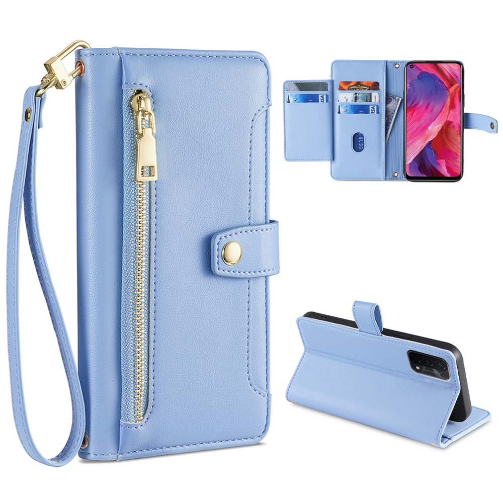 

Für Oppo A54 5G Mehrere Kartensteckplätze Reißverschluss Pocket Case Strukturierte PU Lederständer Flip Wallet -telefonabdeckung Mit Handgelenksgurt Und Schultergurt - Blau, Oppo A54 5G