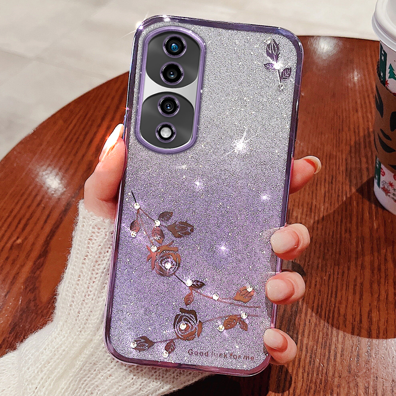 

Für Honour 70 Pro+ 5G Flexible TPU -mobiltelefonabdeckung Glitter Pulver Blumenmuster Dekor Strassdesign Smartphone Hülle Hülle - Violett, Honor 70 Pro+ 5G