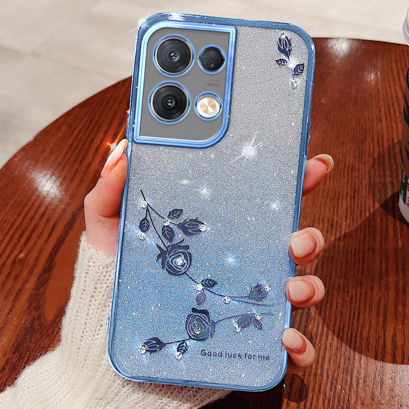 

Für Oppo Reno8 5G (globale Version) Strass-dekorblumenmuster Phone Hülle Gradientenfarbe Glitzer Pulver Anti-drop Tpu-abdeckung - Blau, Oppo Reno8 5G (Global Version)