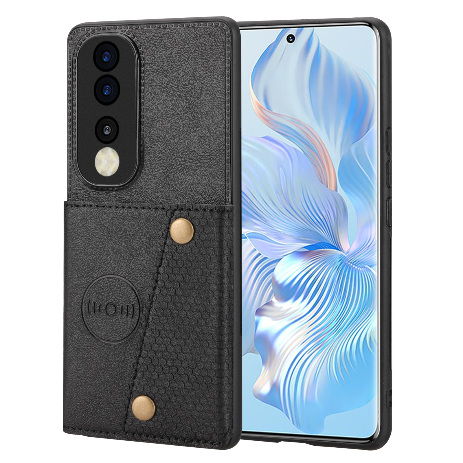 

Doppelknopfkartenhalter-telefonabdeckung Für Honor 80 5G, Kickstand-auto-mount-metallblatt Anti-kratzer-lederbeschichtung Tpu-hülle - Schwarz, Honor 80 5G