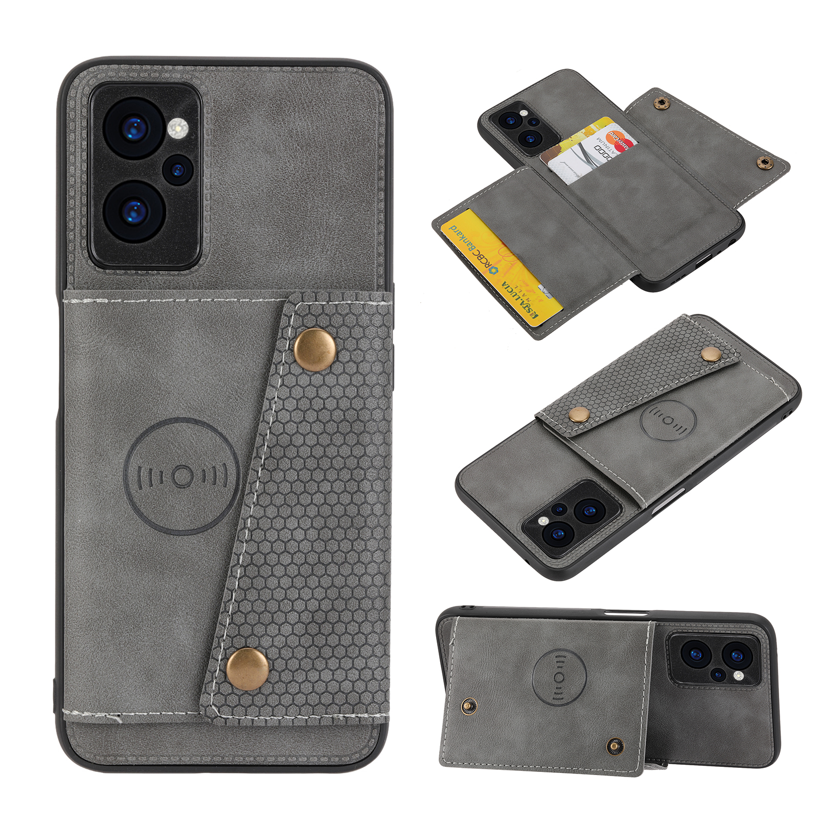 

Für Realme 10 5g / 9i 5G Dual-knopf-kartenhalter-schutzhülle Kickstand Design PU Leder Beschichtete Tpu-rückhülle Mit Integriertem Metallblech - Grau, Realme 10 5G
