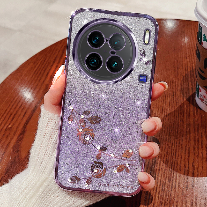 

Für Vivo X90 Pro+ 5g Strass Dekor Blumenmuster Weiche Tpu-schutzabdeckung Glitter Pulver Drop-sof-hülle - Violett, vivo X90 Pro+ 5G