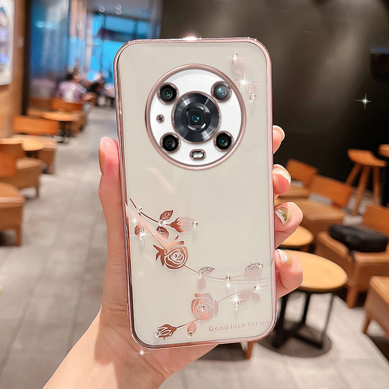 

Für Die Ehre Magic4 Pro 5G Schock-absorbierende Blumenmuster Telefonabdeckung Strass Dekor TPU Elektroplatten Telefonhülle - Roségold, Honor Magic4 Pro 5G