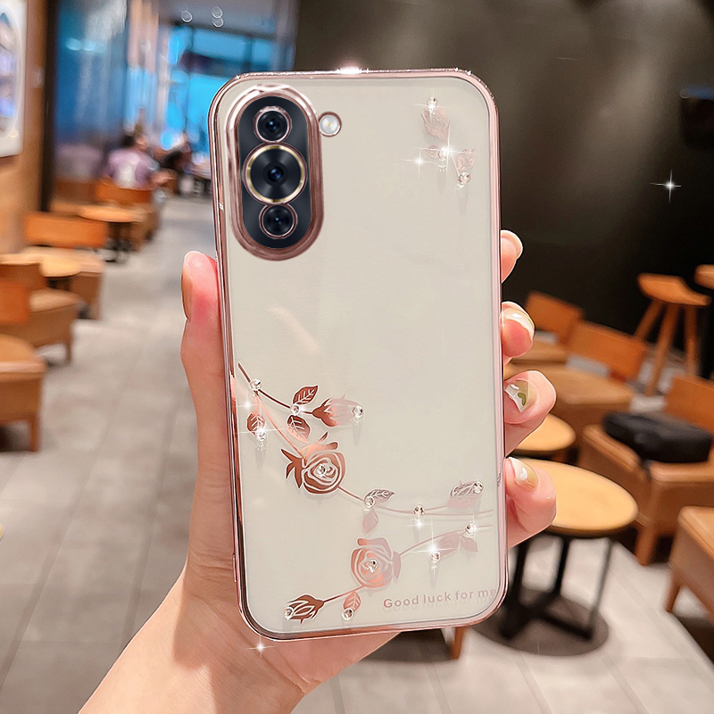 

Anti-kratzer-rückschale Für Huawei Nova 10 Pro 4G Blumenmuster Telefonabdeckung Strassdekor TPU Elektroplierende Telefonhülle - Roségold, Huawei nova 10 Pro 4G