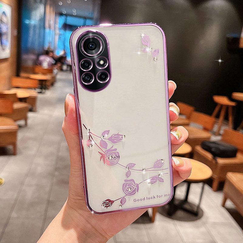 

Blumenmuster Rückenhülle Für Huawei Nova 8 Pro 5G Strassdekor TPU Elektroplierende Telefonhülle - Violett, Huawei nova 8 Pro 5G