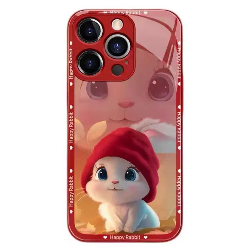 

For iPhone 12 Pro Max 6.7 inch Rabbit and Leaves Pattern Drop-proof Phone Case Tempered Glass + TPU Phone Back Cover - Red, iPhone 12 Pro Max