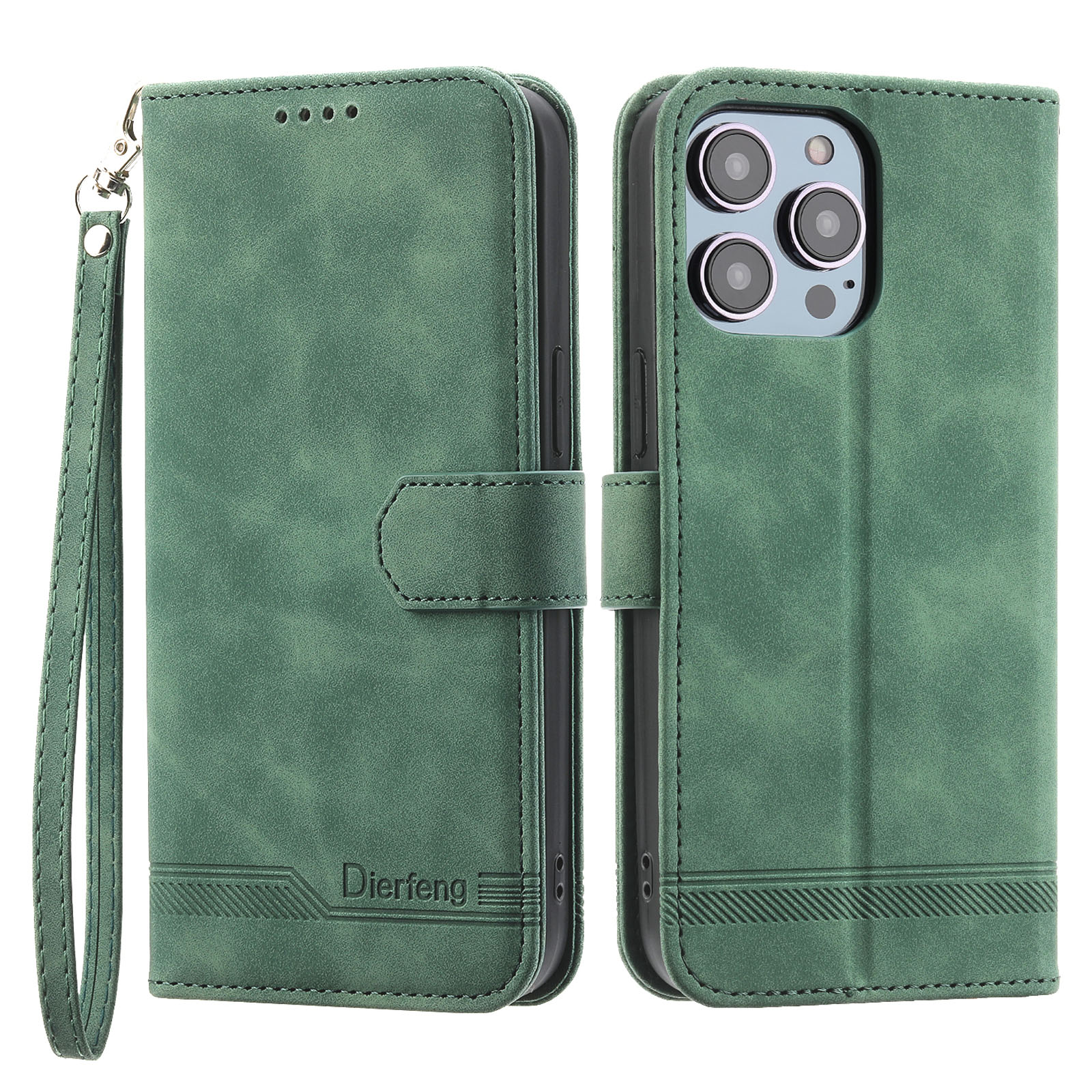 

DIERFENG DF-03 Phone Case for iPhone 13 Pro Max 6.7 inch, PU Leather Lines Imprinted Wallet Stand Cover - Green, iPhone 13 Pro Max