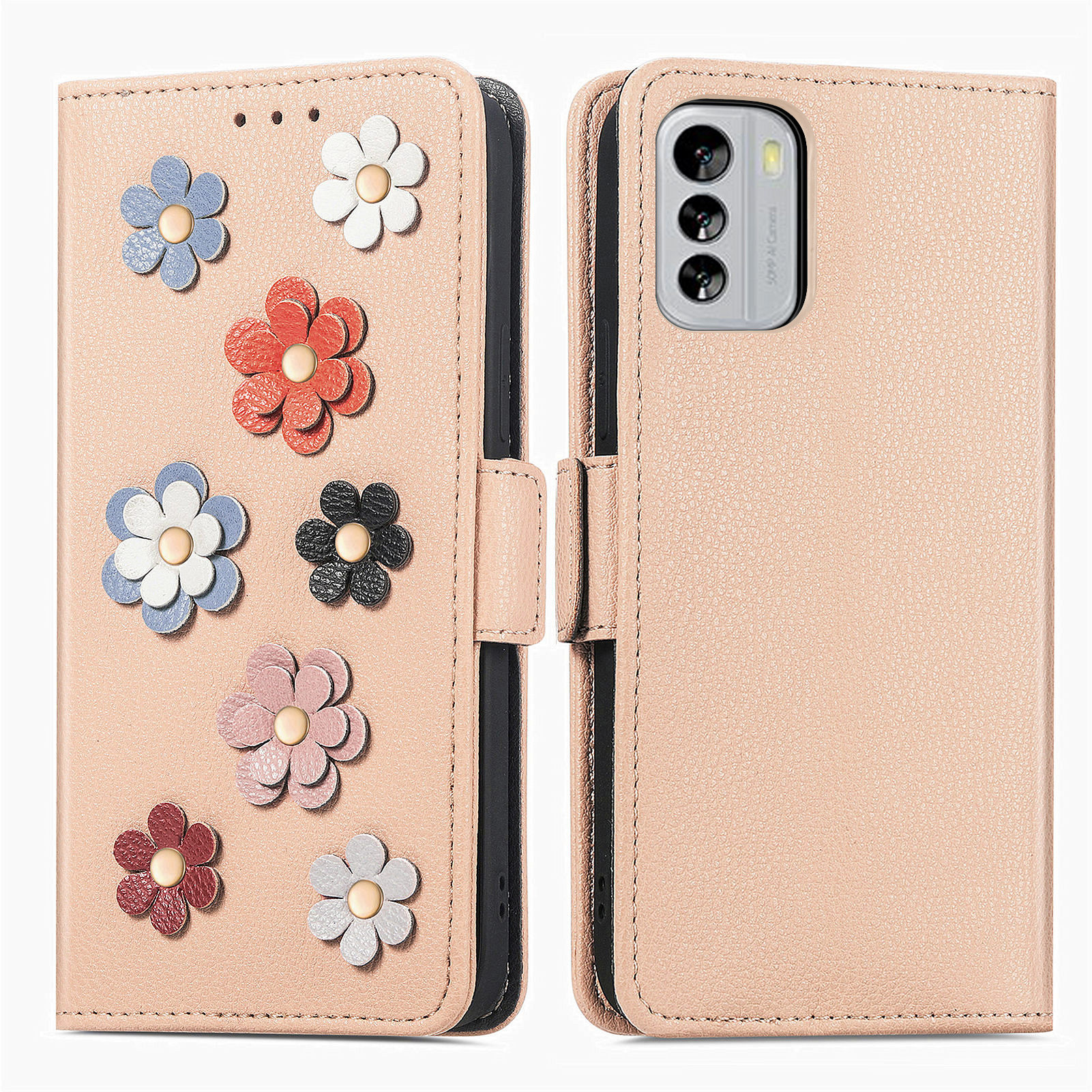 

Für Nokia G60 5G PU Leder Flip Folio Hülle Schockdicht TPU Innenschalen Brieftasche Telefonabdeckung Mit 3D -blumendekoration - Khaki, Nokia G60 5G