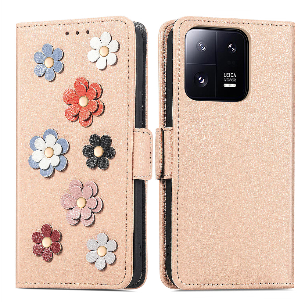 

Für Xiaomi 13 Pro 5G PU Leder Flip Protective Phone Case Dual Magnetic Clasp 3D Blumendekor Stand Cover - Khaki, Xiaomi 13 Pro 5G