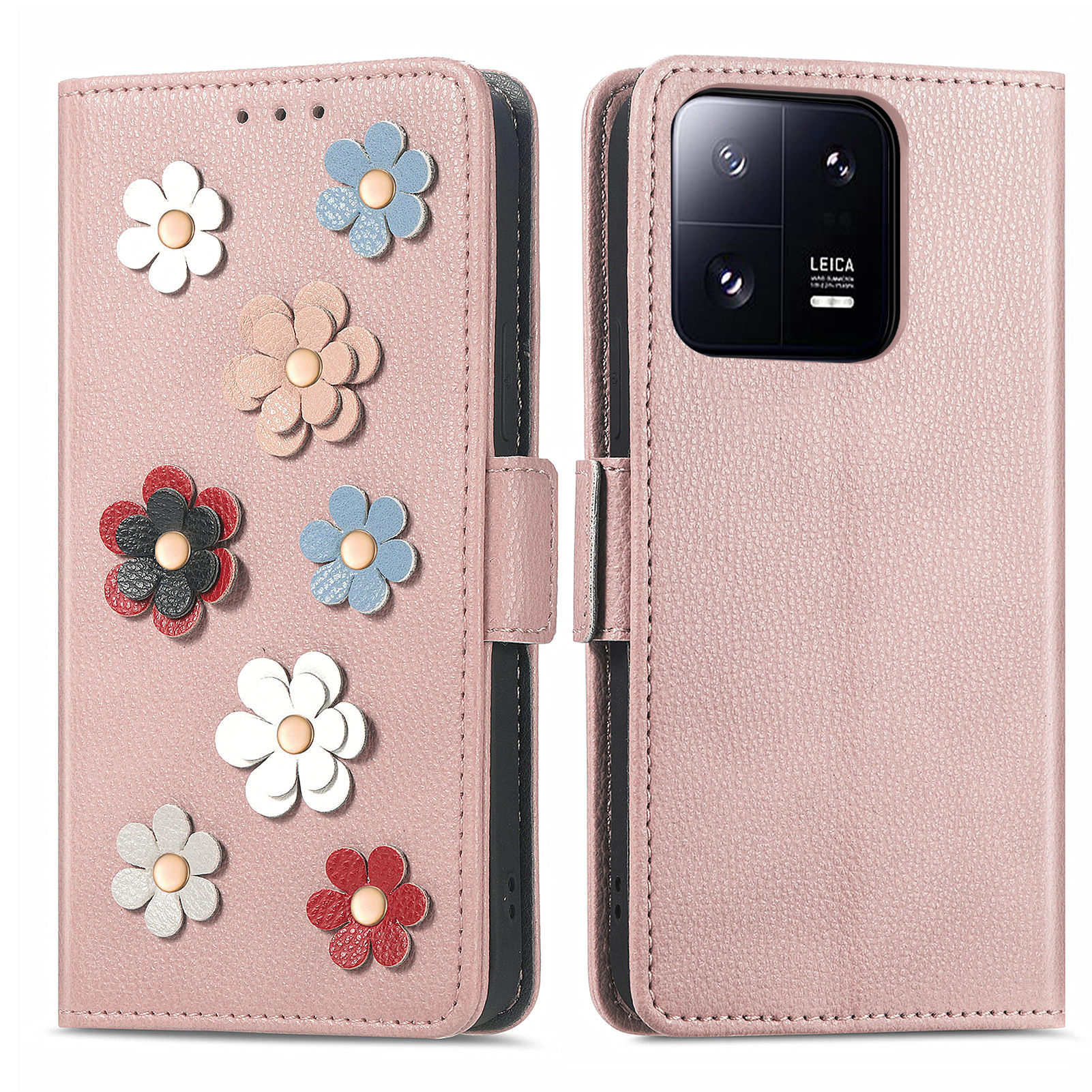 

Für Xiaomi 13 Pro 5G PU Leder Flip Protective Phone Case Dual Magnetic Clasp 3D Blumendekor Stand Cover - Roségold, Xiaomi 13 Pro 5G