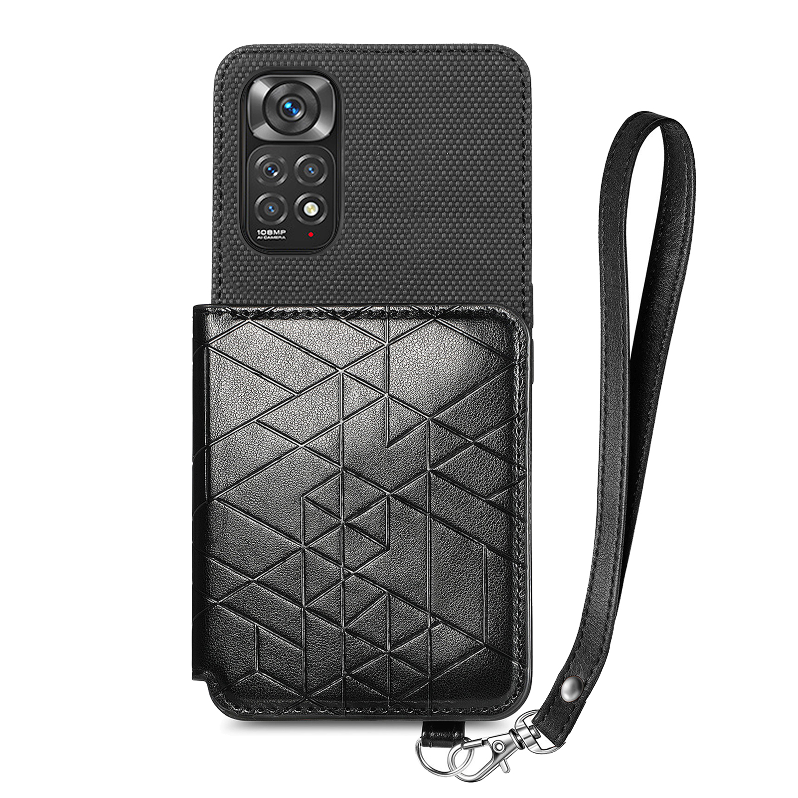 

Schocksicheres Telefonfall Für Xiaomi Redmi Note 11 4G (Qualcomm) / Redmi Note 11s 4G, Kickstand Geometrie Eingeprägter Brieftaschen -telefonabdeckung Mit Riemen - Schwarz, Xiaomi Redmi Note 11 4G (Qualcomm)