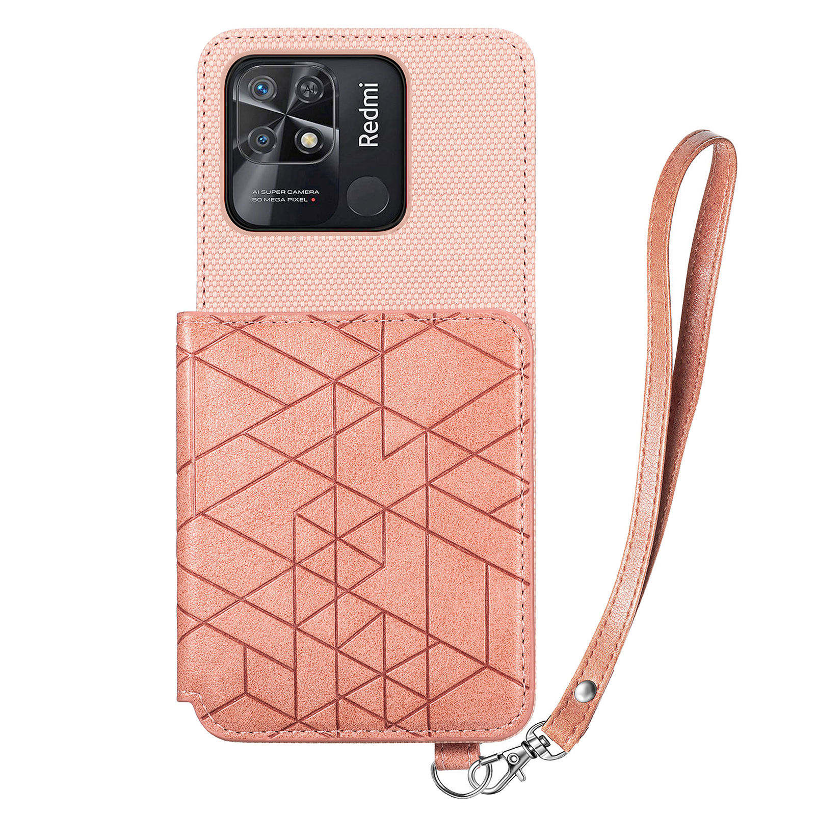 

Drop Protection Phone Hülle Für Xiaomi Redmi 10C 4G, Kickstand Geometrie Eingeprägter Brieftaschen -telefonabdeckung Mit Riemen - Roségold, Xiaomi Redmi 10C 4G