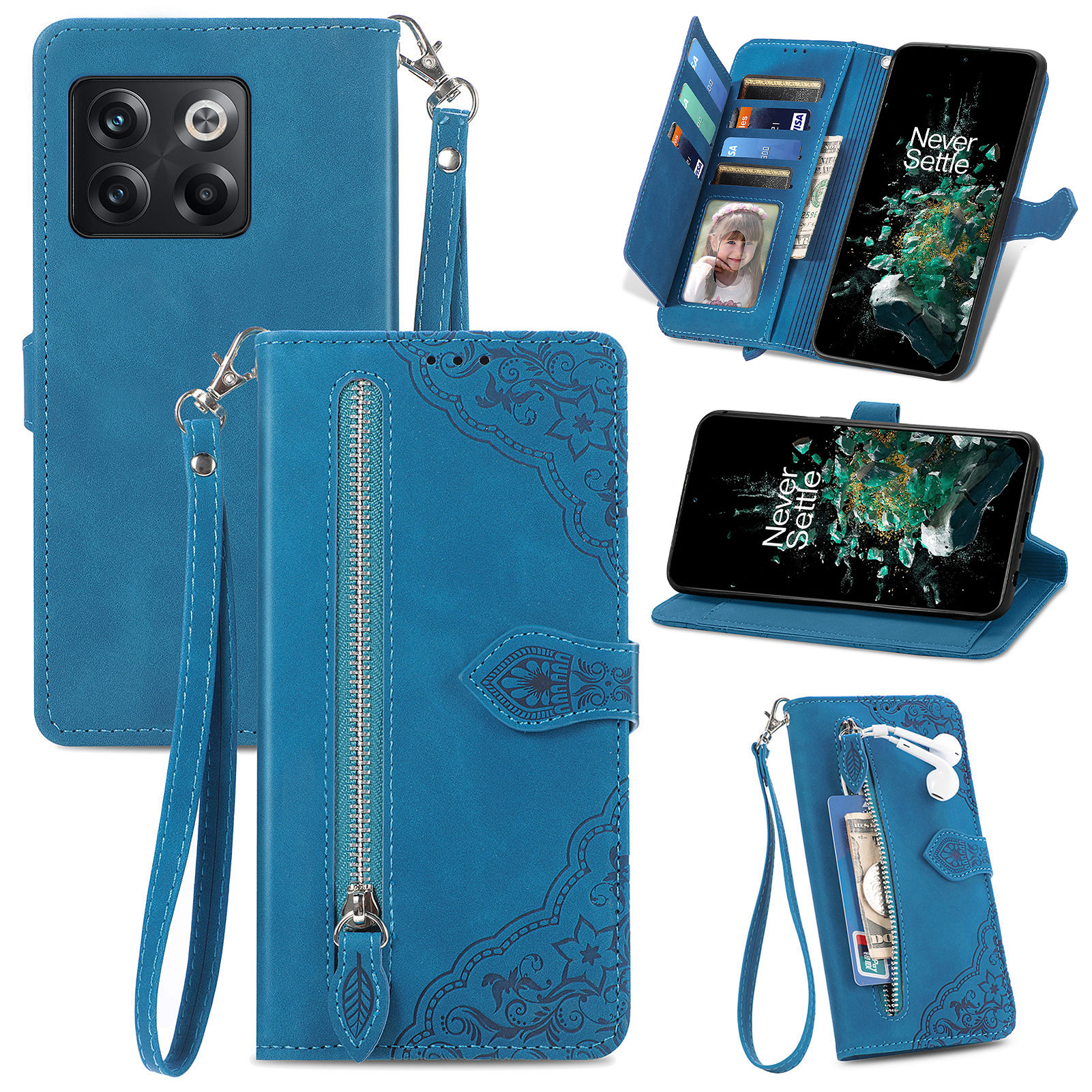 

Für OnePlus 10T 5G / Ace Pro 5G Blumengedruckte Muster PU Leder Telefonabdeckung Reißverschluss Taschenbrieftasche Vollschutz Smartphone Hülle - Blau, OnePlus 10T 5G