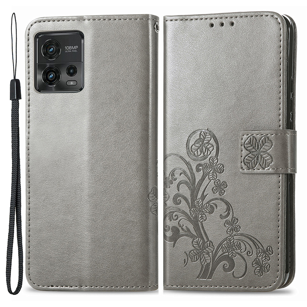 

Für Motorola Moto G72 4G Vierblätter Klee Gedruckter Handy Hülle Wallet PU Leder Kratzfeste Handyabdeckung Mit Handgelenkriemen - Grau, Motorola Moto G72 4G
