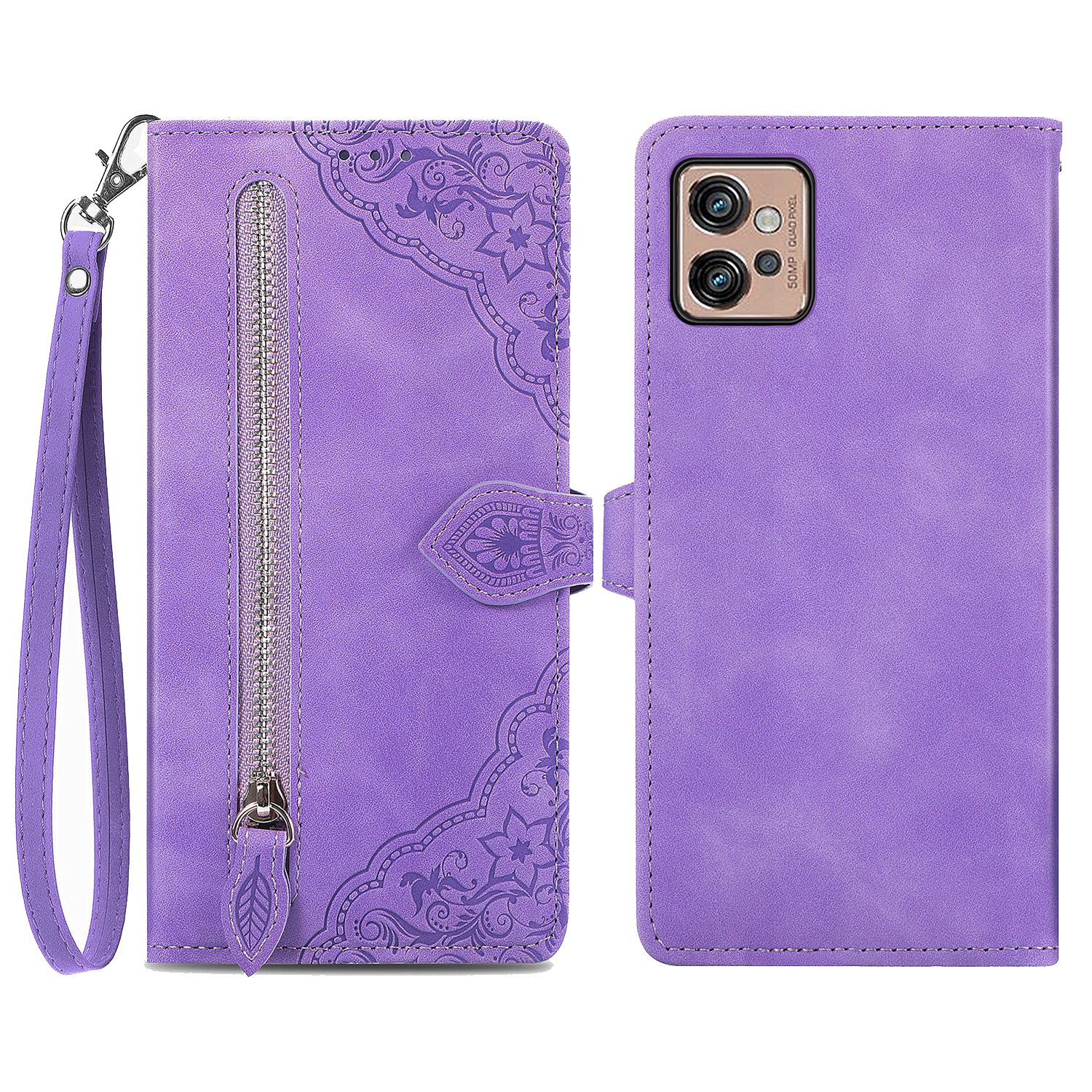 

Für Motorola Moto G32 4G Blumengeprägte Muster Drop-proof PU Leder Reißverschluss Pocket Handy Cover Stand Wallet Wallet - Helles Lila, Motorola Moto G32 4G