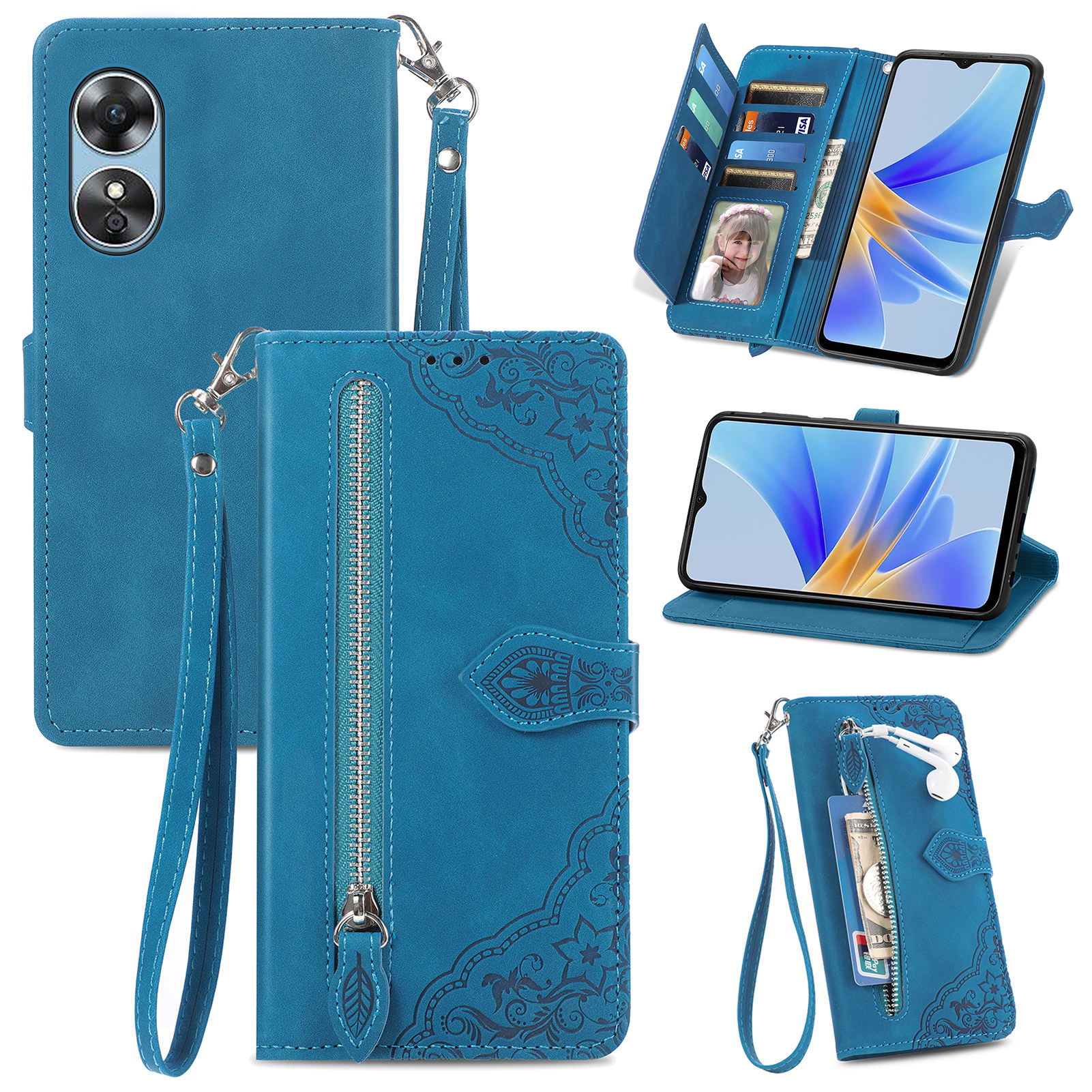

Für Oppo A17 4G Schockfeste Telefonabdeckung Blume Eingeprägte PU -leder -schutzmobiltasche Mit Brieftaschenstand - Blau, Oppo A17 4G