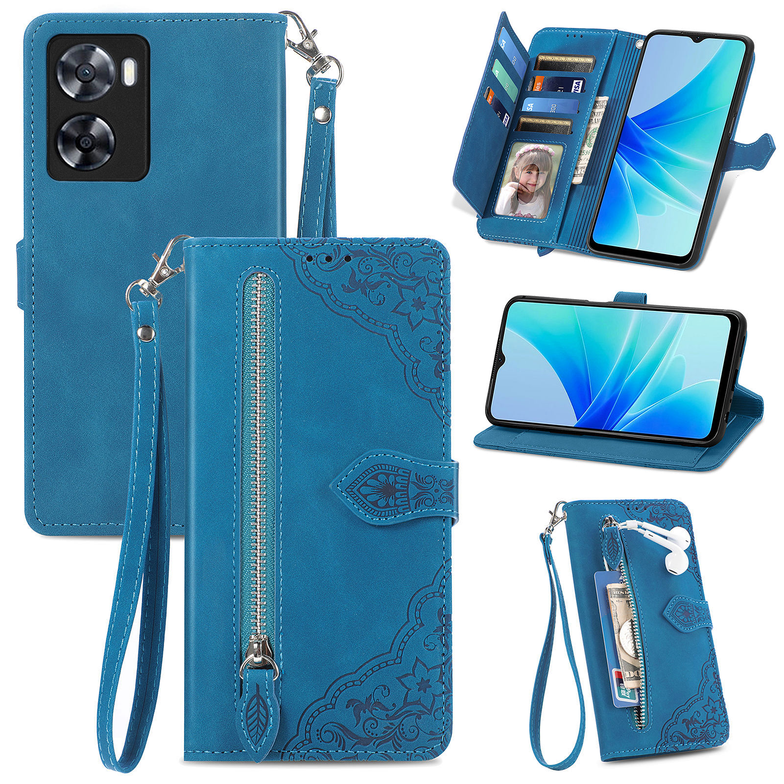 

Handyabdeckung Für Oppo A57 4G, PU Leder Phone Hülle Blume Geprägtes Muster Reißverschluss Pocket Phone Shell Wallet Ständer - Blau, Oppo A57 4G