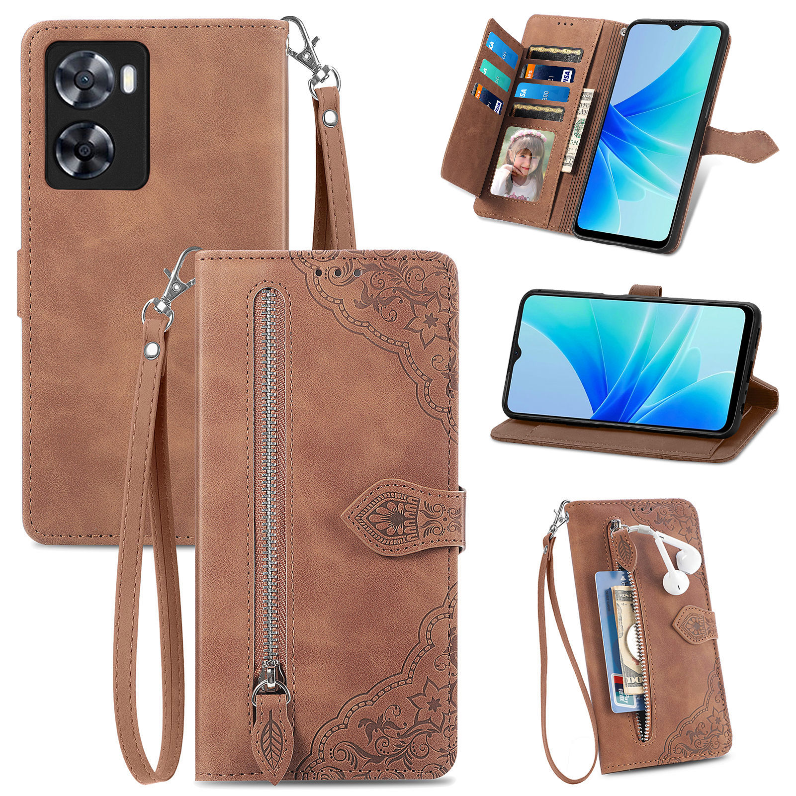 

Handyabdeckung Für Oppo A57 4G, PU Leder Phone Hülle Blume Geprägtes Muster Reißverschluss Pocket Phone Shell Wallet Ständer - Braun, Oppo A57 4G