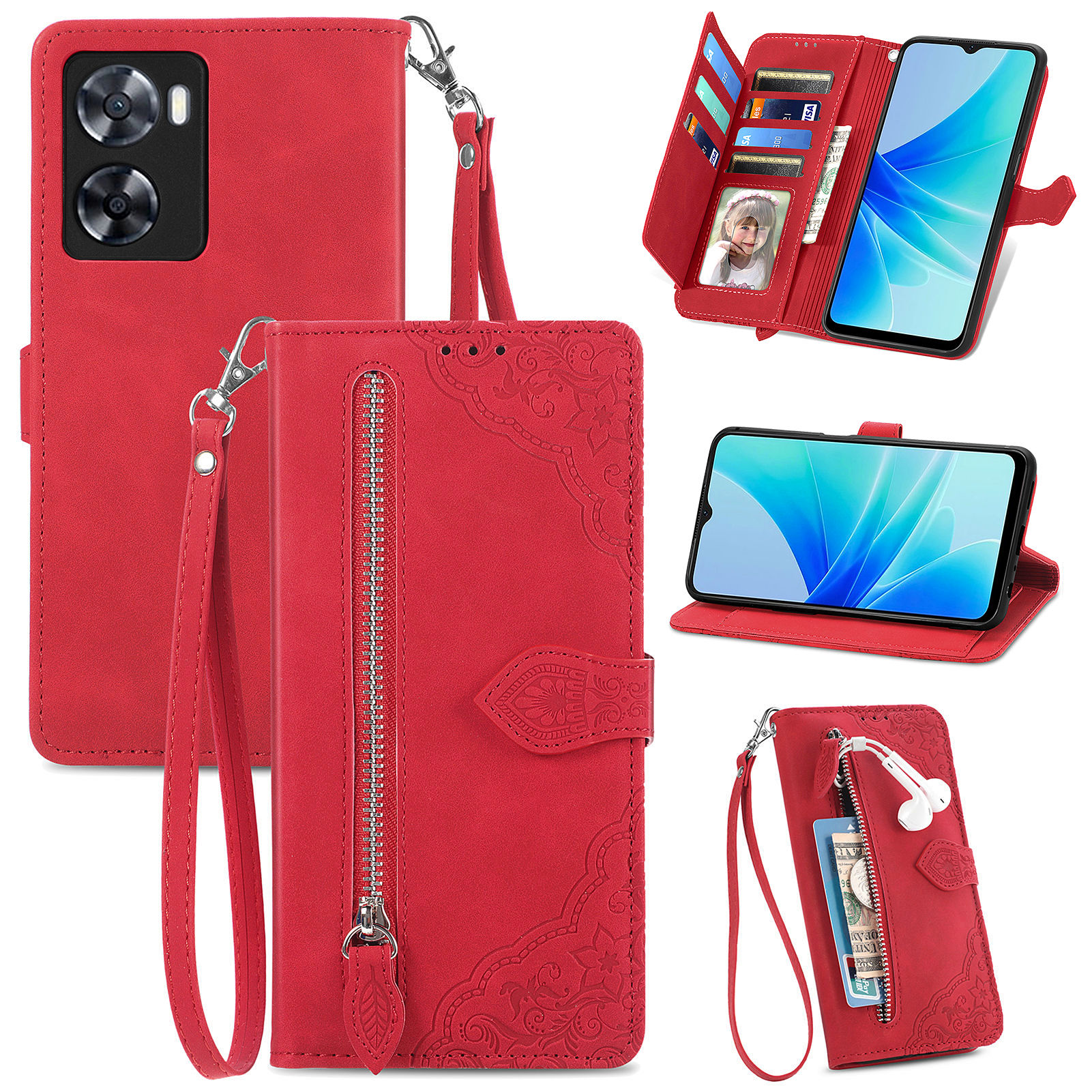 

Handyabdeckung Für Oppo A57 4G, PU Leder Phone Hülle Blume Geprägtes Muster Reißverschluss Pocket Phone Shell Wallet Ständer - Rot, Oppo A57 4G