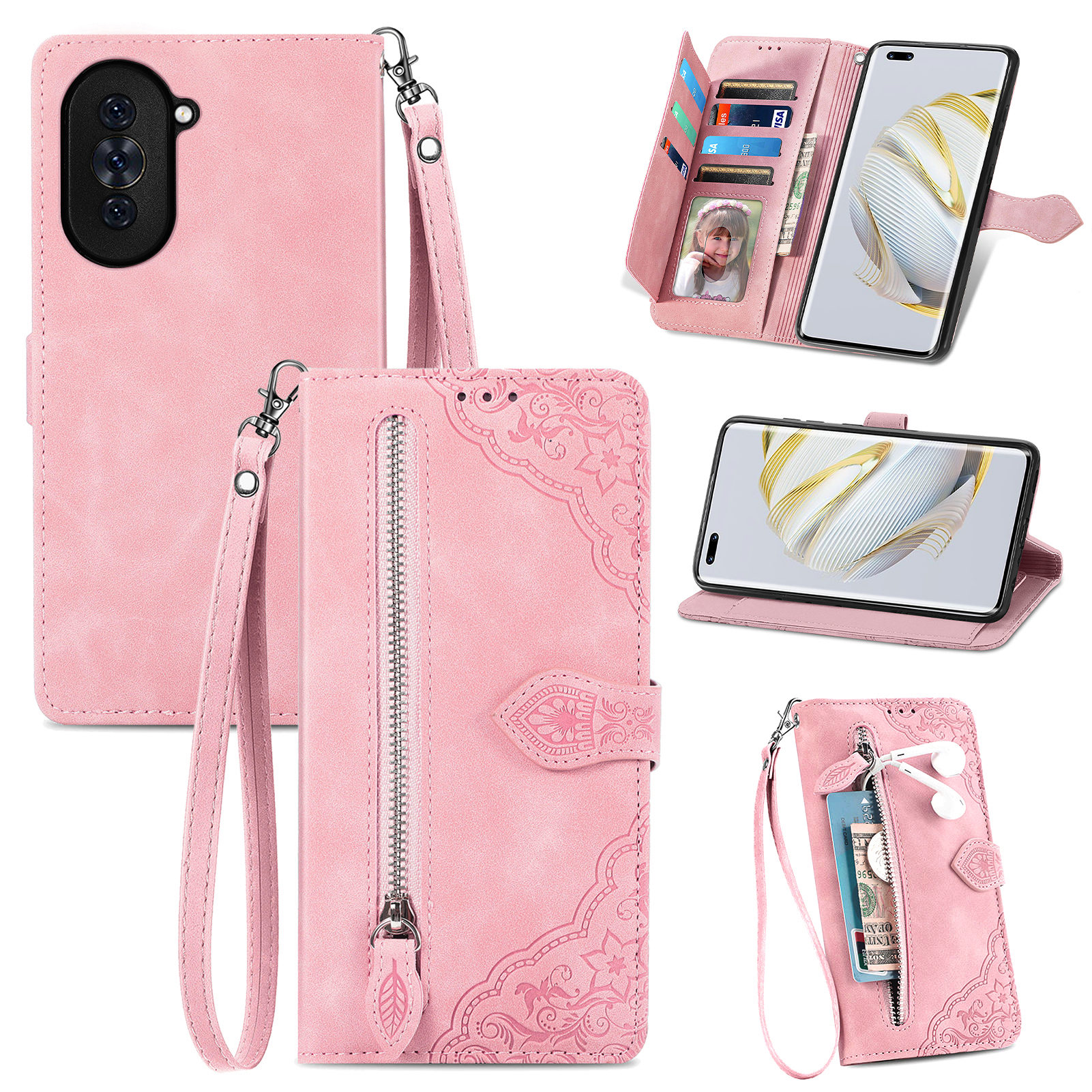 

Für Huawei Nova 10 Pro 4g Blume Geprägtes Muster PU Leder Handyabdeckung Reißverschluss Taschen -strecken Brieftasche Hülle - Rosa, Huawei nova 10 Pro 4G