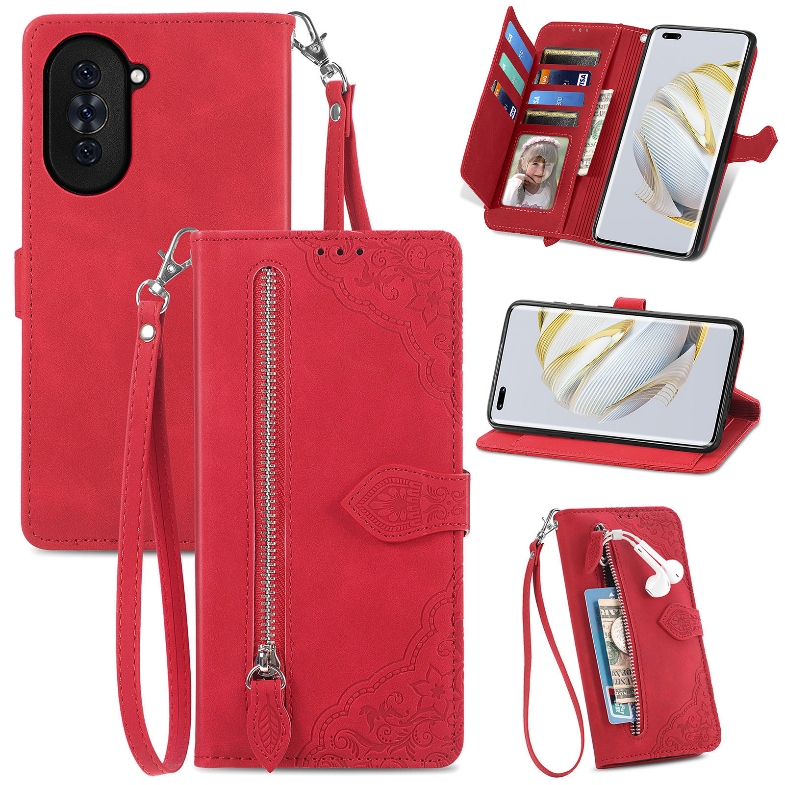 

Für Huawei Nova 10 Pro 4g Blume Geprägtes Muster PU Leder Handyabdeckung Reißverschluss Taschen -strecken Brieftasche Hülle - Rot, Huawei nova 10 Pro 4G