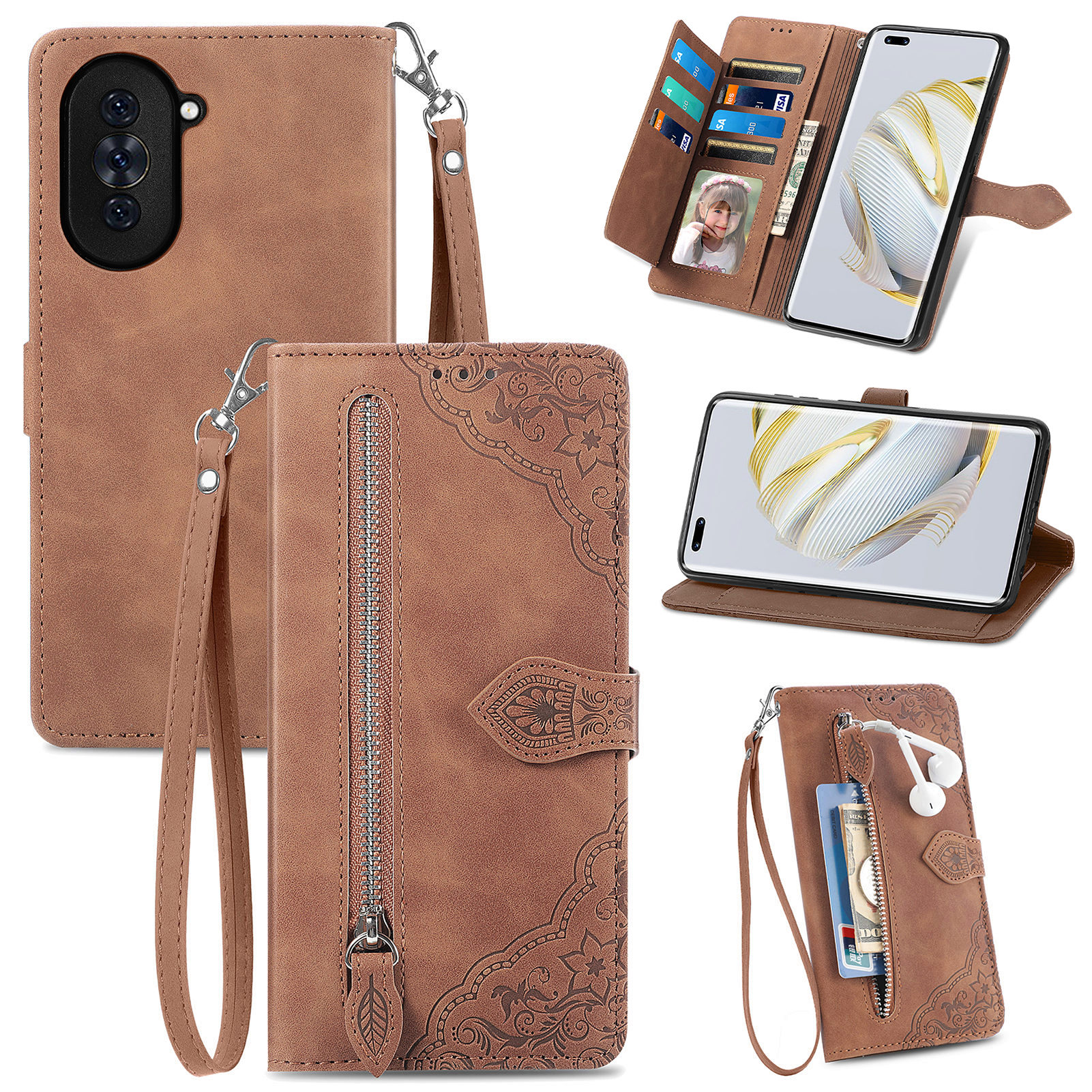 

Für Huawei Nova 10 Pro 4g Blume Geprägtes Muster PU Leder Handyabdeckung Reißverschluss Taschen -strecken Brieftasche Hülle - Braun, Huawei nova 10 Pro 4G