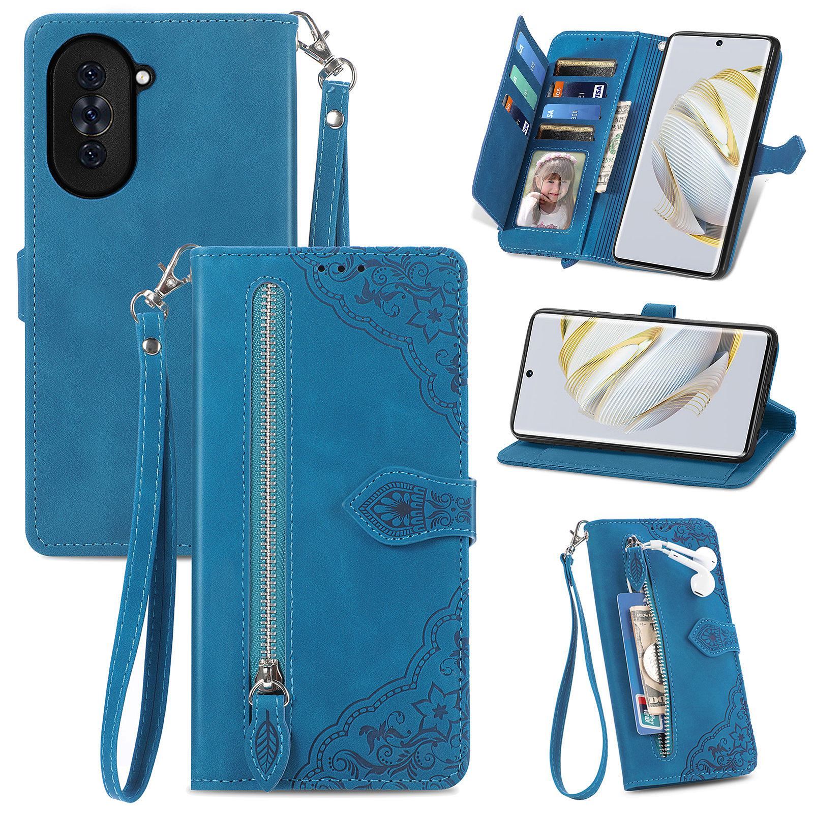 

Für Huawei Nova 10 4G Blumengedruckte Muster PU Leder Handy Cover Stand Wallet Hülle Mit Reißverschluss in Taschenentwurf - Blau, Huawei nova 10 4G