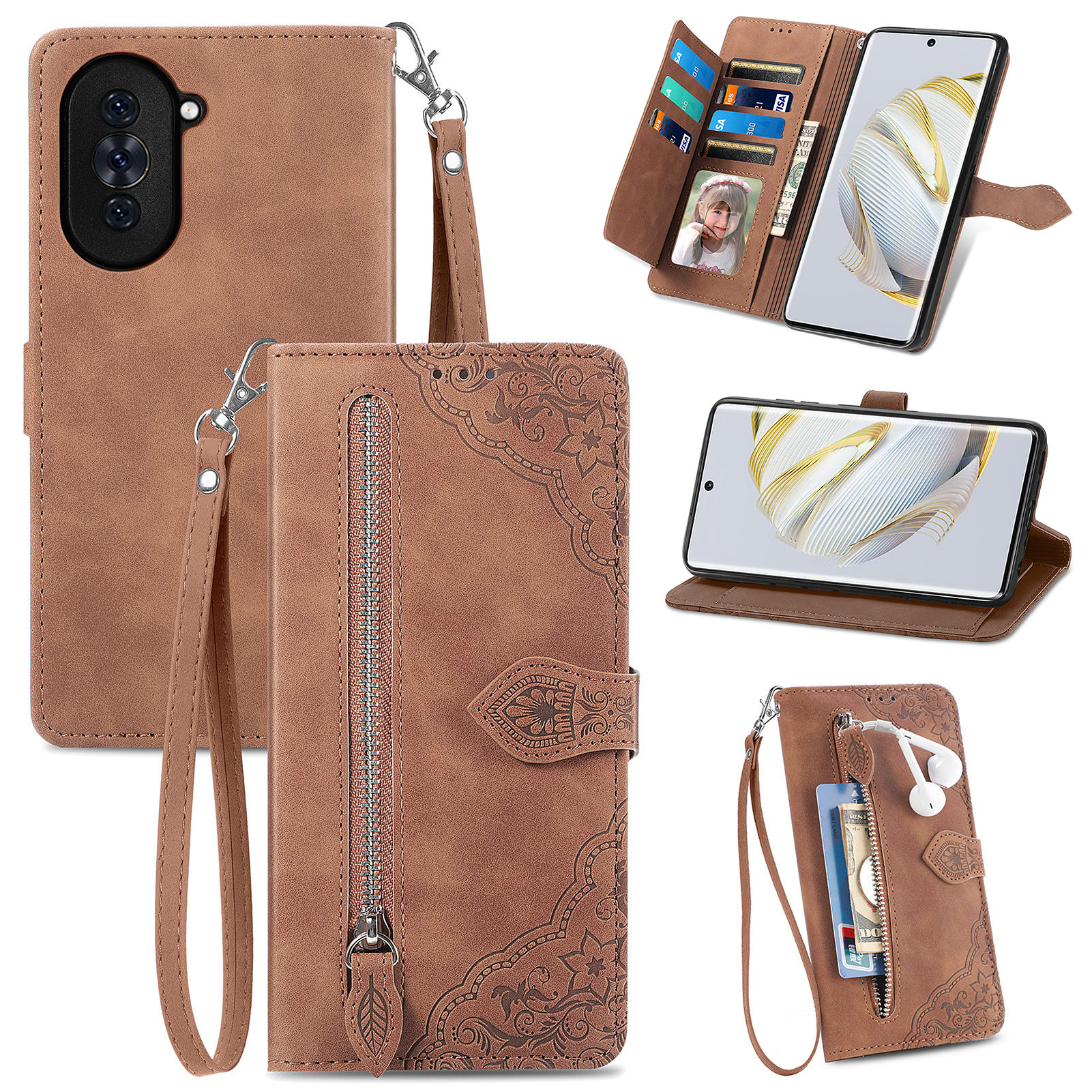 

Für Huawei Nova 10 4G Blumengedruckte Muster PU Leder Handy Cover Stand Wallet Hülle Mit Reißverschluss in Taschenentwurf - Braun, Huawei nova 10 4G
