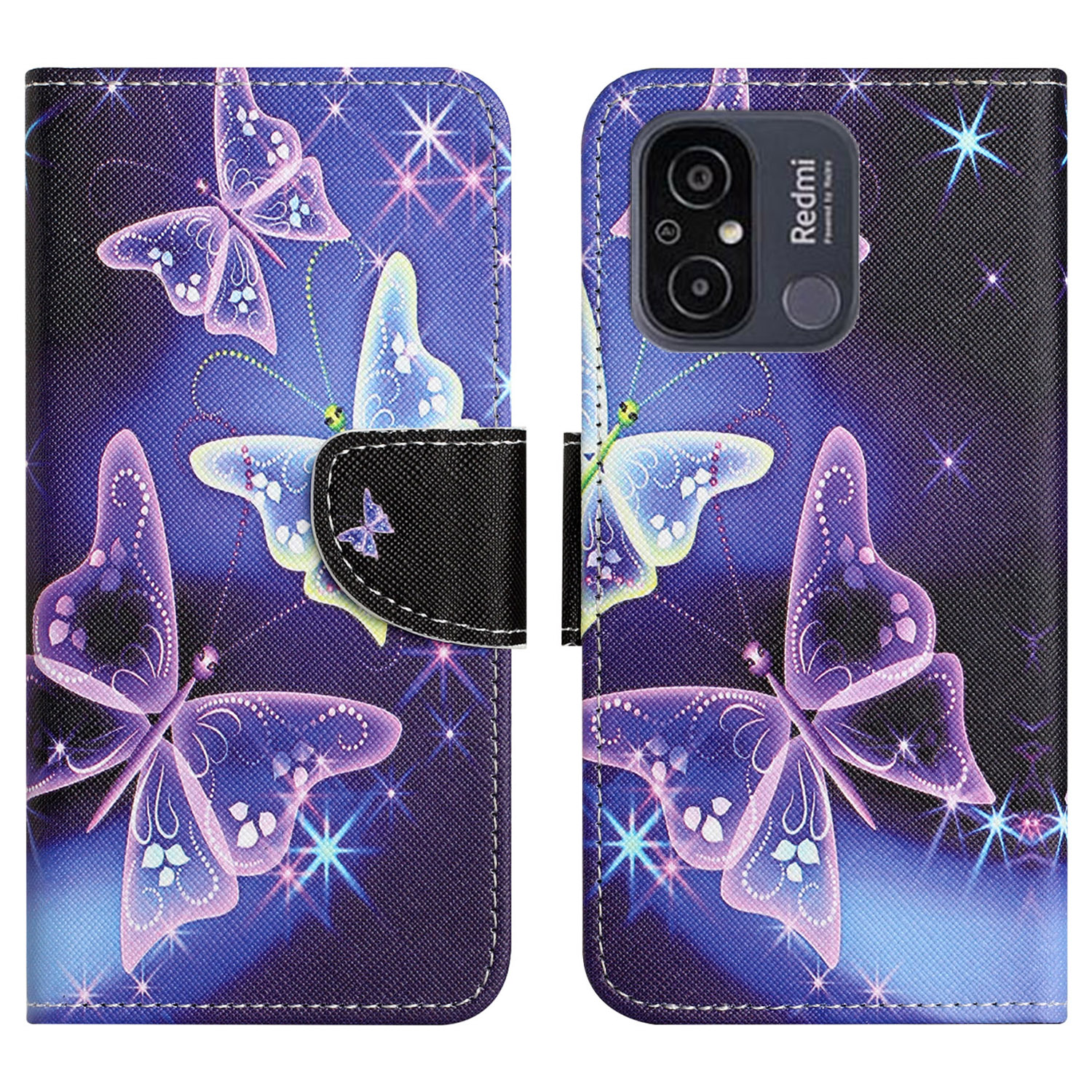 

PU Ledertasche Für Xiaomi Redmi 11A 4G, Musterdruckkreuzstextur Brieftasche Faltbare Ständer Telefonabdeckung - Funkelnde Schmetterlinge, Xiaomi Redmi 11A 4G