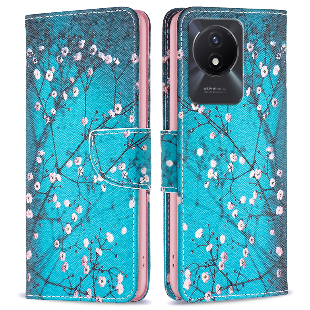 

Musterdruckphase Für Vivo Y02 4G, Flip Ständer PU Leder Brieftasche Telefonabdeckung - Pflaumenblüte, vivo Y02 4G