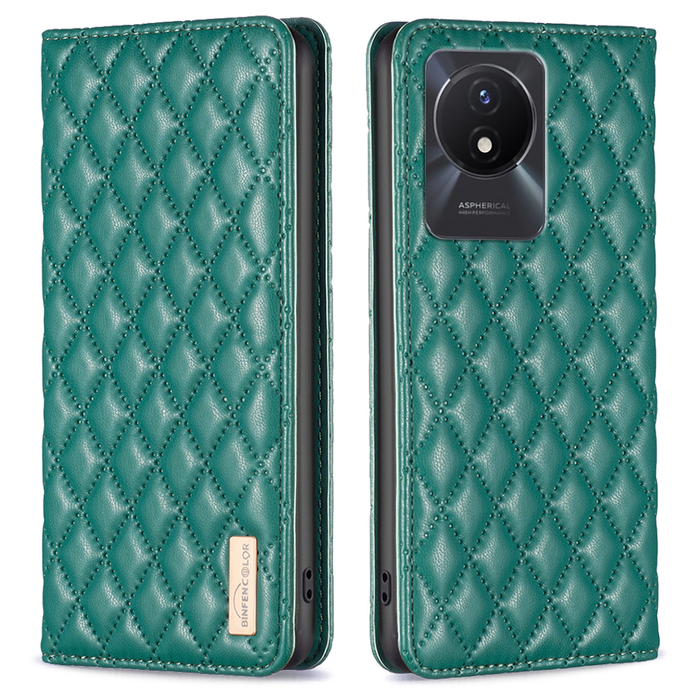 

Binfen Color BF Style-16 Für Vivo Y02 4G Eingeprägter Rhombus-stand Hülle PU Lederkartenhalter Magnetische Absorption Telefonabdeckung - Grün, vivo Y02 4G