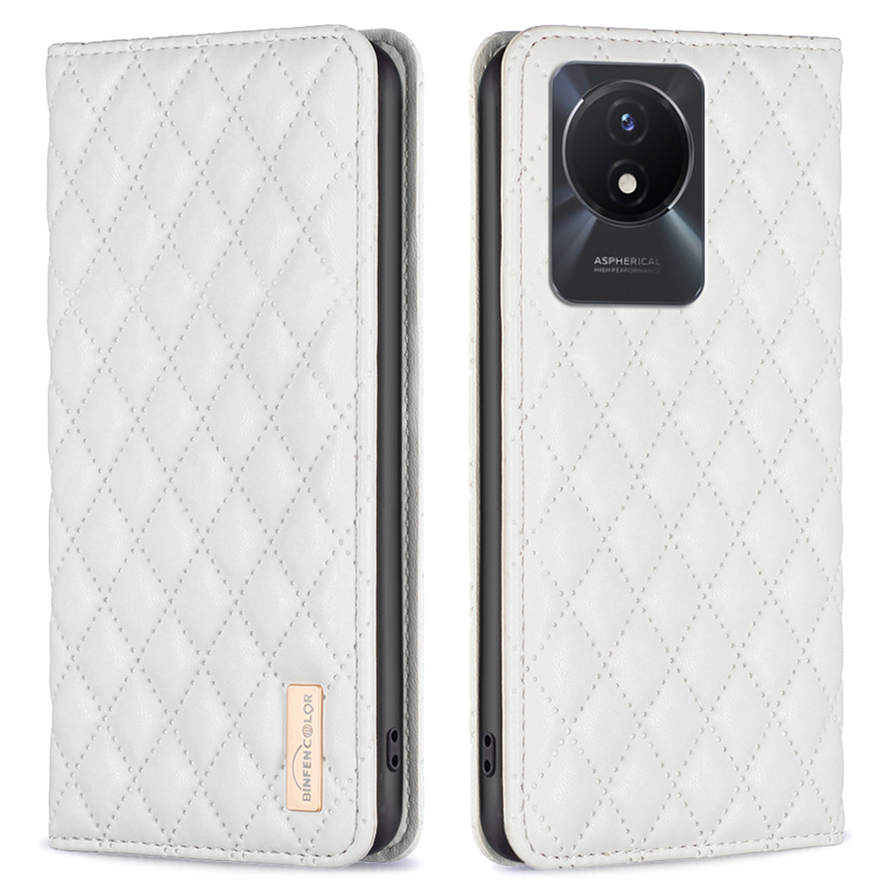 

Binfen Color BF Style-16 Für Vivo Y02 4G Eingeprägter Rhombus-stand Hülle PU Lederkartenhalter Magnetische Absorption Telefonabdeckung - Weiss, vivo Y02 4G