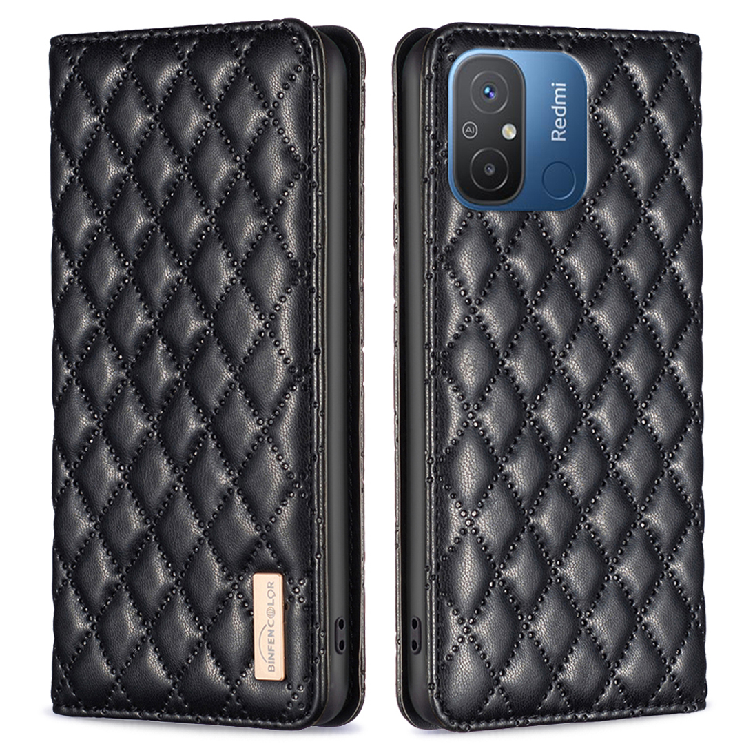 

Binfen Farbe BF Style-16 Für Xiaomi Redmi 12C 4G Geprinktes Rhombus PU Leder-hülle Kartenhalter Magnetische Absorption Telefonabdeckung - Schwarz, Xiaomi Redmi 12C 4G