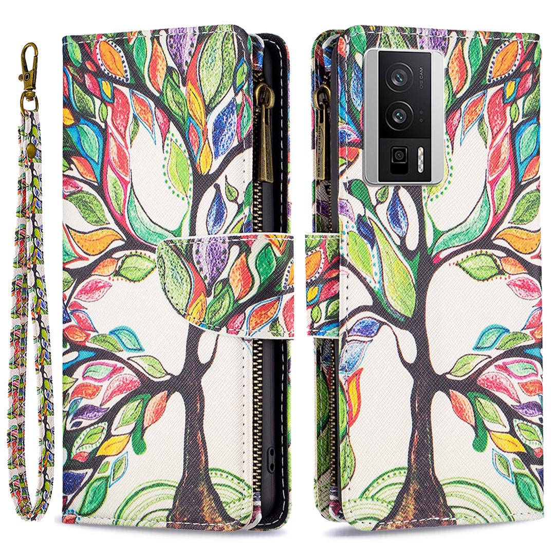 

Für Xiaomi Redmi K60 5G / K60 Pro 5G BF03 Reißverschluss Brieftasche Hülle PU Leder Muster Ständer Cover - Lebensbaum, Xiaomi Redmi K60 5G