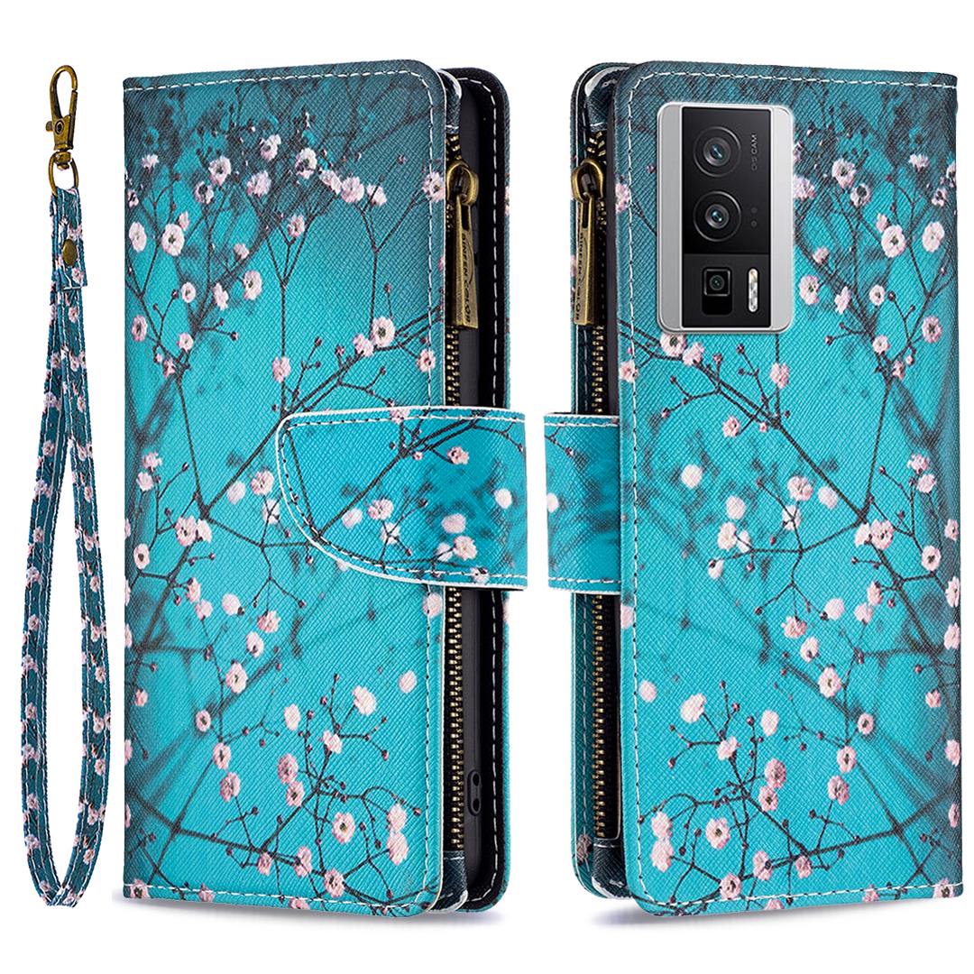 

Für Xiaomi Redmi K60 5G / K60 Pro 5G BF03 Reißverschluss Brieftasche Hülle PU Leder Muster Ständer Cover - Pflaumenblüte, Xiaomi Redmi K60 5G